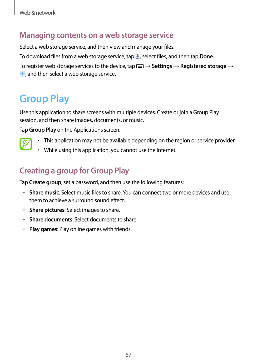 Samsung SM-C1010ZWASEB, SM-C1010ZWAEUR Managing contents on a web storage service, Creating a group for Group Play 