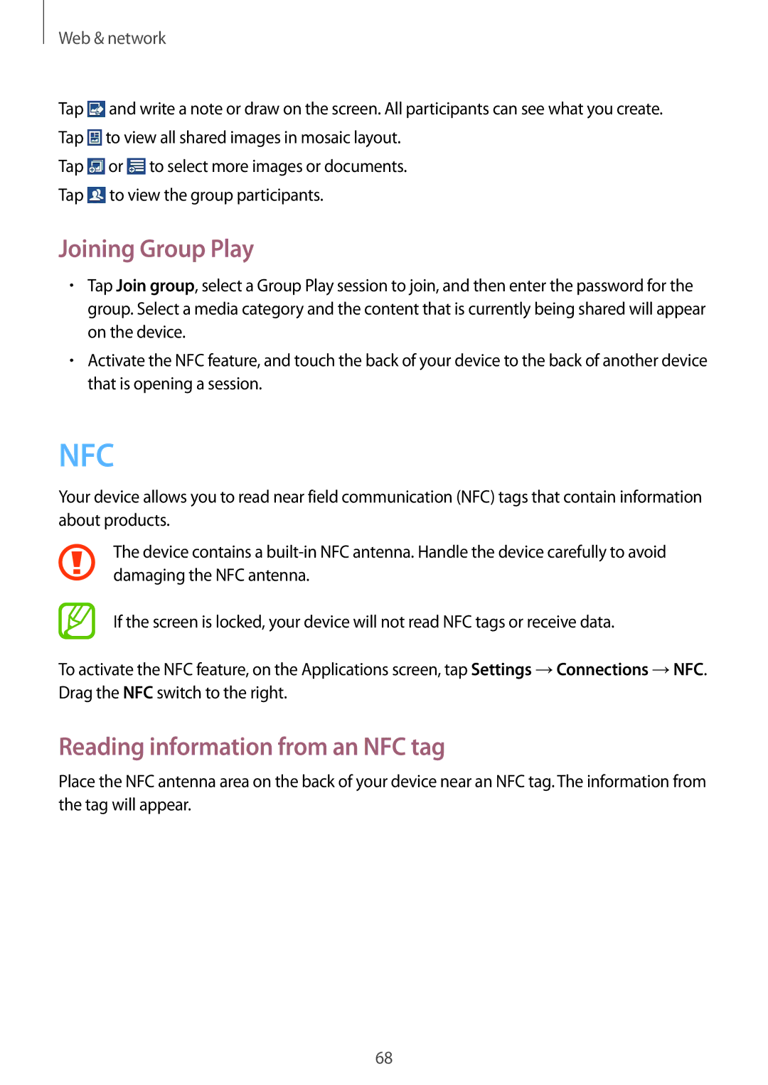 Samsung SM-C1010ZKASEB, SM-C1010ZWAEUR, SM-C1010ZWAXEO manual Joining Group Play, Reading information from an NFC tag 