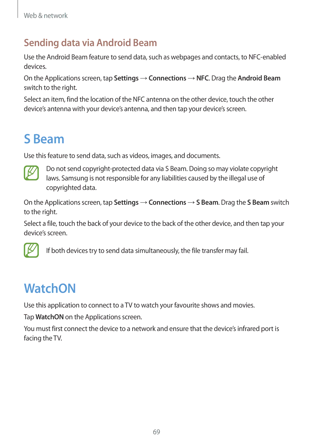 Samsung SM-C1010ZWAXEH, SM-C1010ZWAEUR, SM-C1010ZWAXEO, SM-C1010ZKADBT manual WatchON, Sending data via Android Beam 