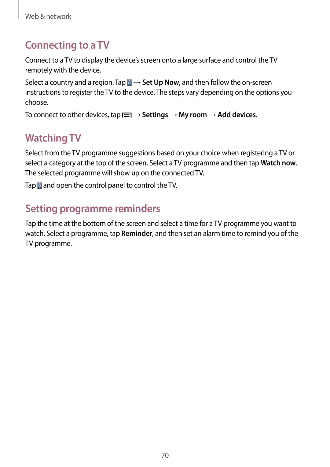 Samsung SM-C1010ZKAXEH, SM-C1010ZWAEUR, SM-C1010ZWAXEO manual Connecting to a TV, Watching TV, Setting programme reminders 