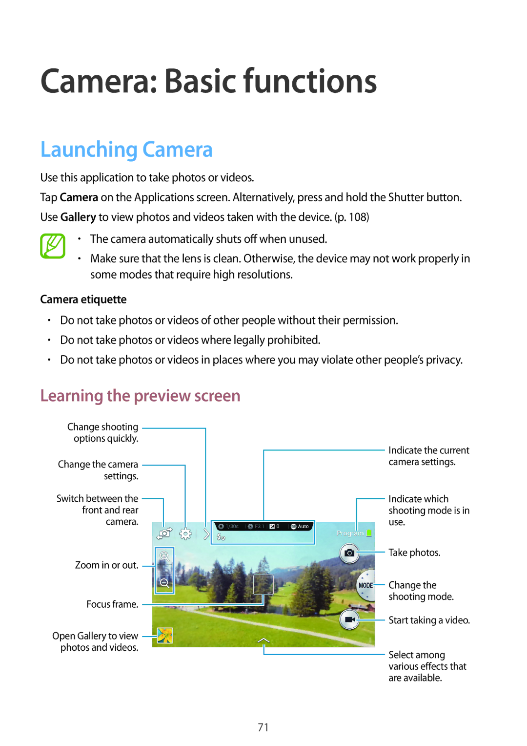 Samsung SM-C1010ZWAROM manual Camera Basic functions, Launching Camera, Learning the preview screen, Camera etiquette 