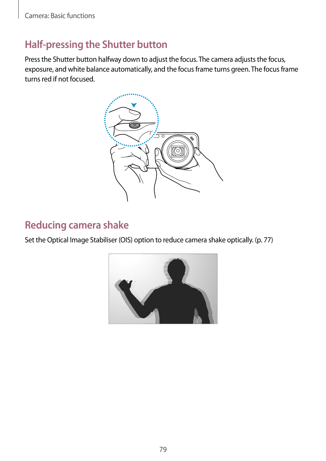 Samsung SM-C1010ZWAXEO, SM-C1010ZWAEUR, SM-C1010ZKADBT manual Half-pressing the Shutter button, Reducing camera shake 