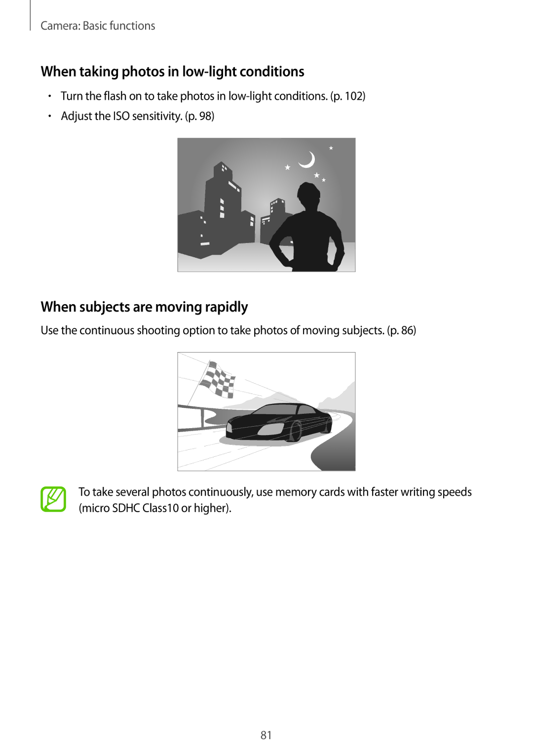 Samsung SM-C1010ZWADBT, SM-C1010ZWAEUR manual When taking photos in low-light conditions, When subjects are moving rapidly 