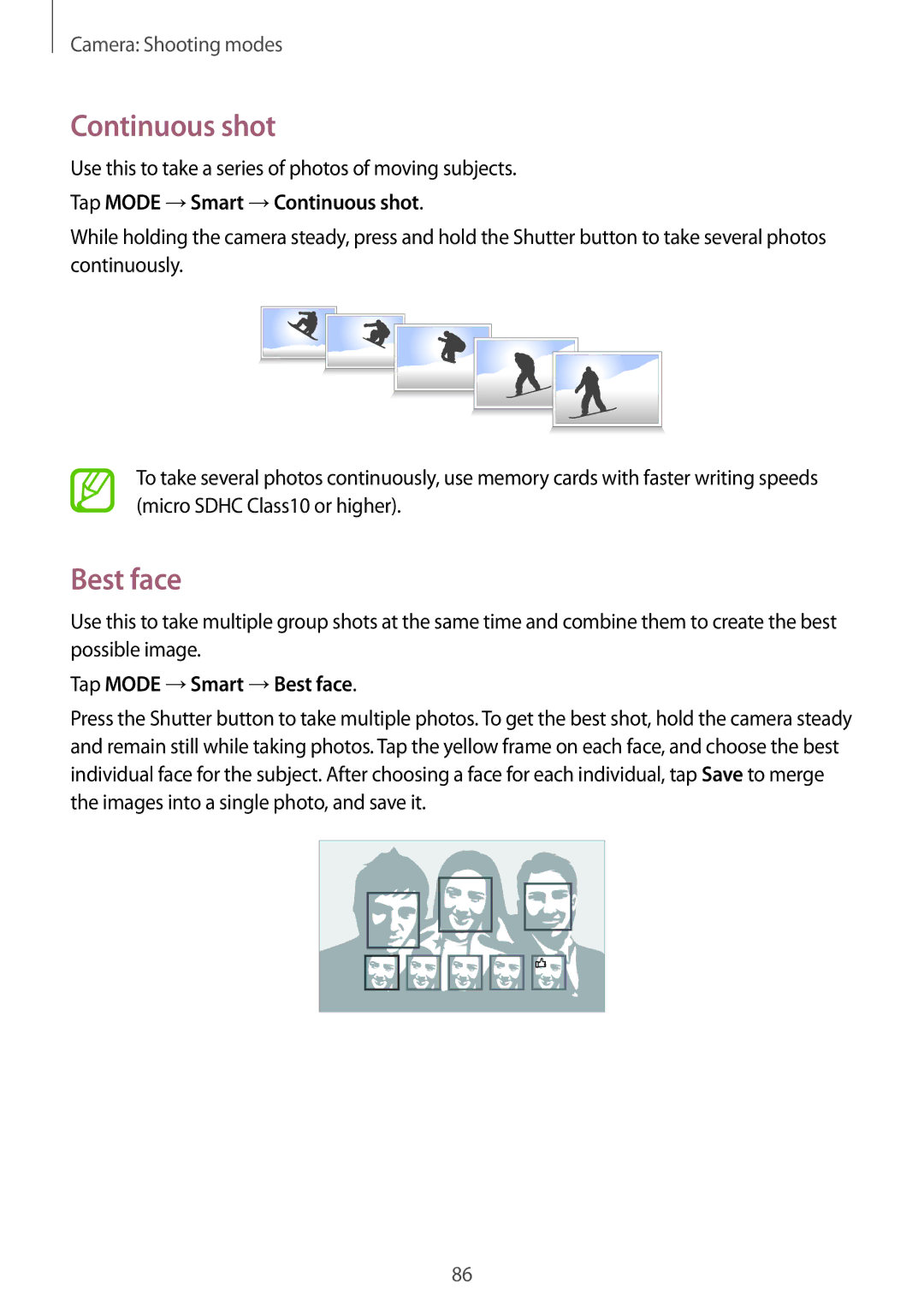 Samsung SM-C1010ZWAXEF, SM-C1010ZWAEUR, SM-C1010ZWAXEO Tap Mode →Smart →Continuous shot, Tap Mode →Smart →Best face 