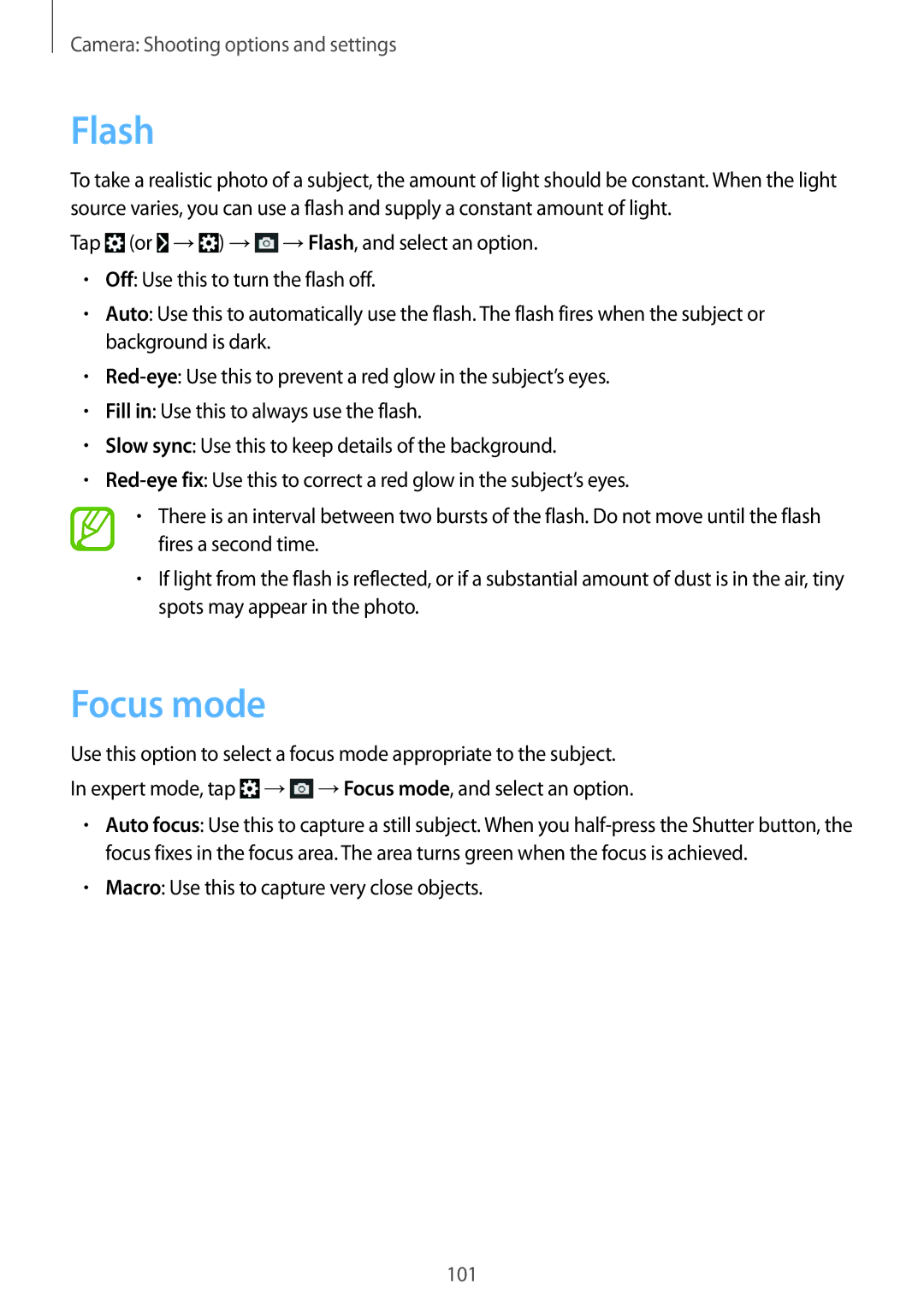 Samsung SM-C1010ZWACAC, SM-C1010ZWAEUR, SM-C1010ZWAXEO manual Flash, Focus mode, Macro Use this to capture very close objects 