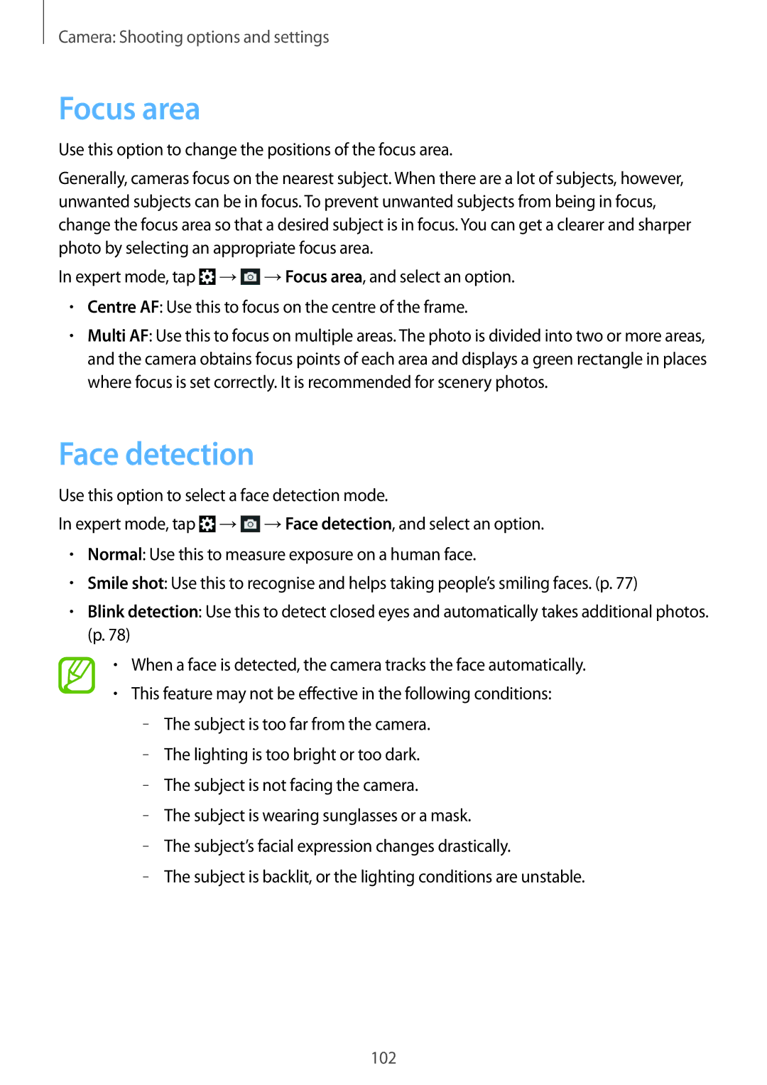 Samsung SM-C1010ZWASER manual Focus area, Face detection, Use this option to change the positions of the focus area 