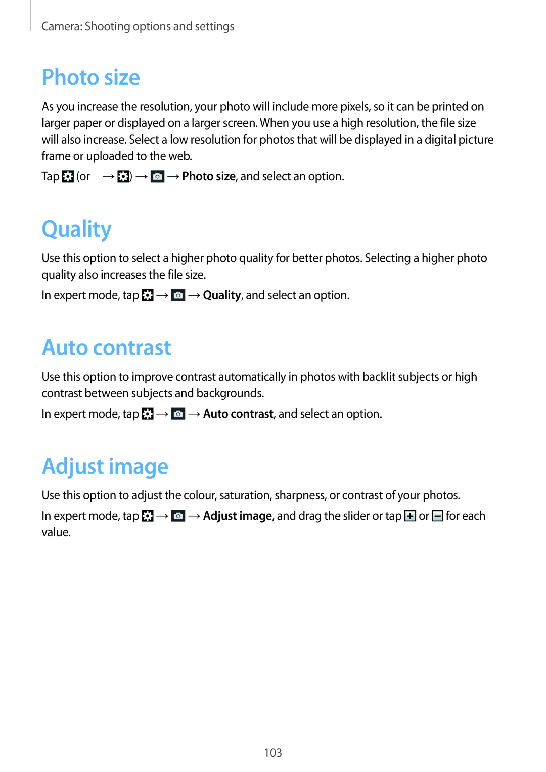 Samsung SM-C1010ZKASKZ, SM-C1010ZWAEUR, SM-C1010ZWAXEO, SM-C1010ZKADBT manual Photo size, Quality, Auto contrast, Adjust image 
