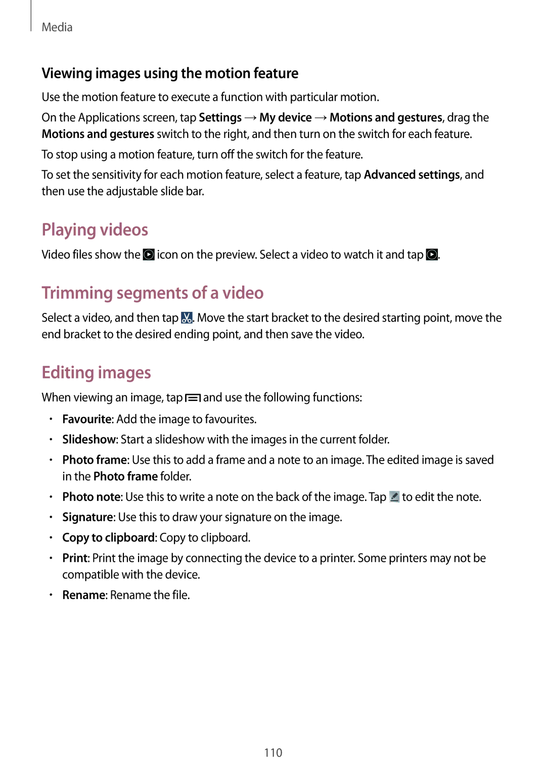 Samsung SM-C1010ZKATUR, SM-C1010ZWAEUR, SM-C1010ZWAXEO manual Playing videos, Trimming segments of a video, Editing images 