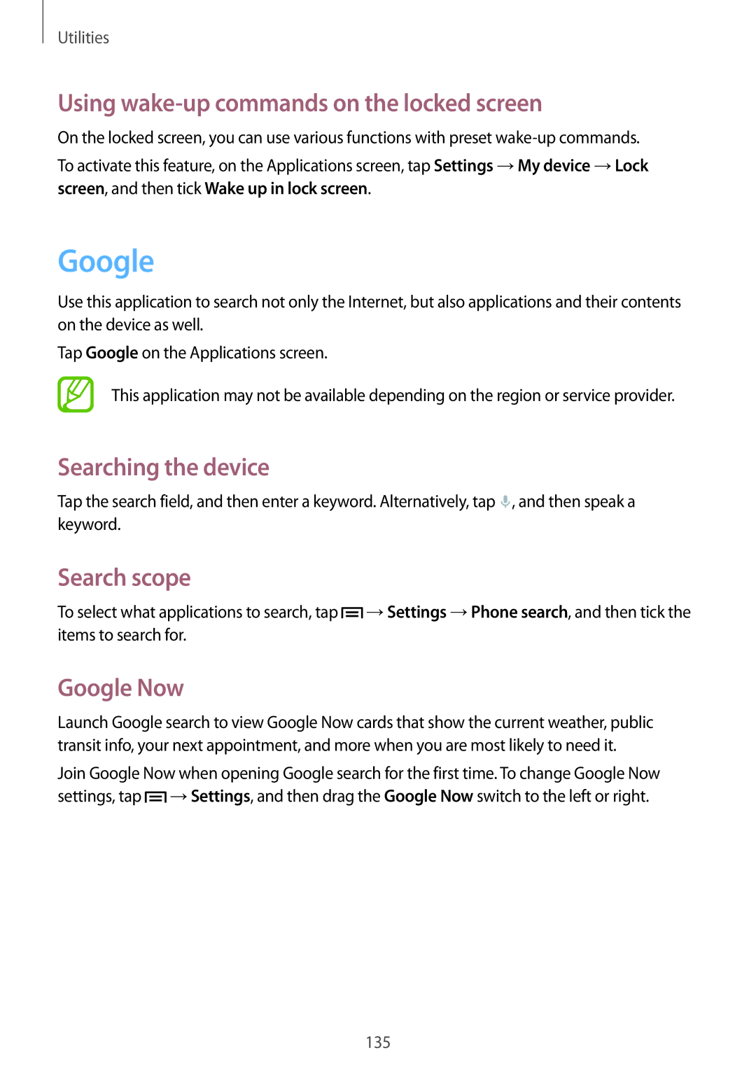 Samsung SM-C1010ZKACAC Using wake-up commands on the locked screen, Searching the device, Search scope, Google Now 