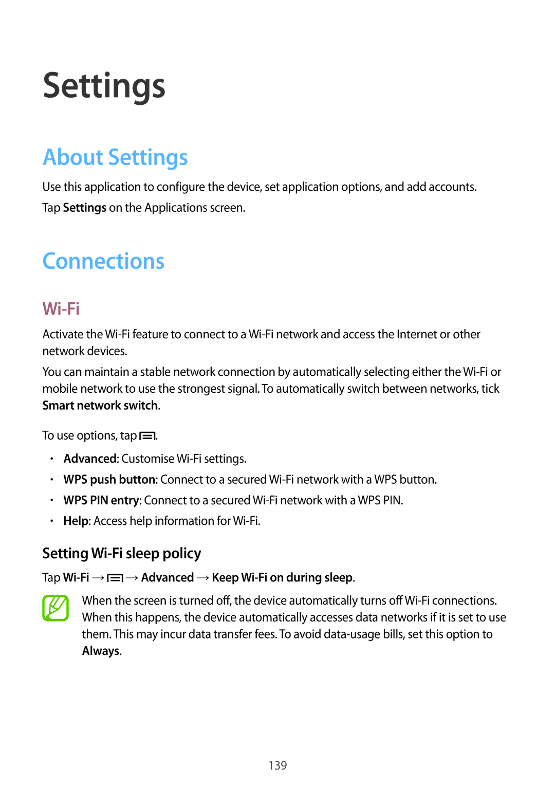 Samsung SM-C1010ZKASER, SM-C1010ZWAEUR, SM-C1010ZWAXEO manual About Settings, Connections, Setting Wi-Fi sleep policy 