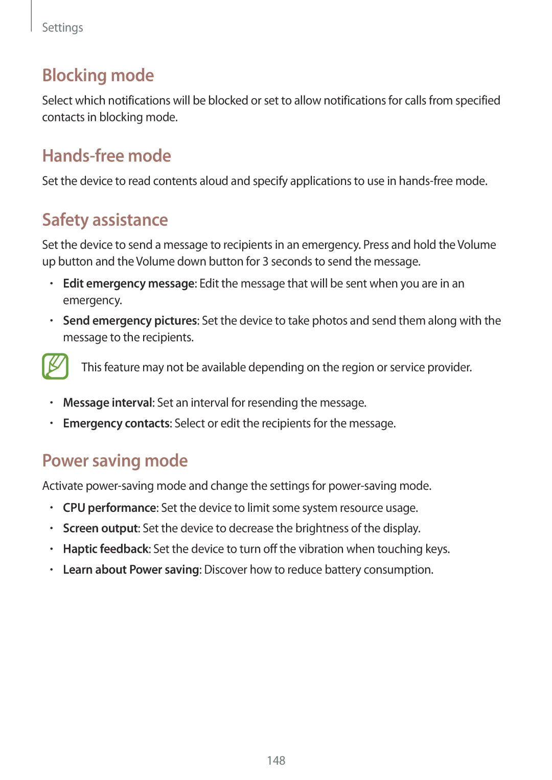 Samsung SM-C1010ZWAXEF, SM-C1010ZWAEUR, SM-C1010ZWAXEO, SM-C1010ZKADBT Blocking mode, Safety assistance, Power saving mode 