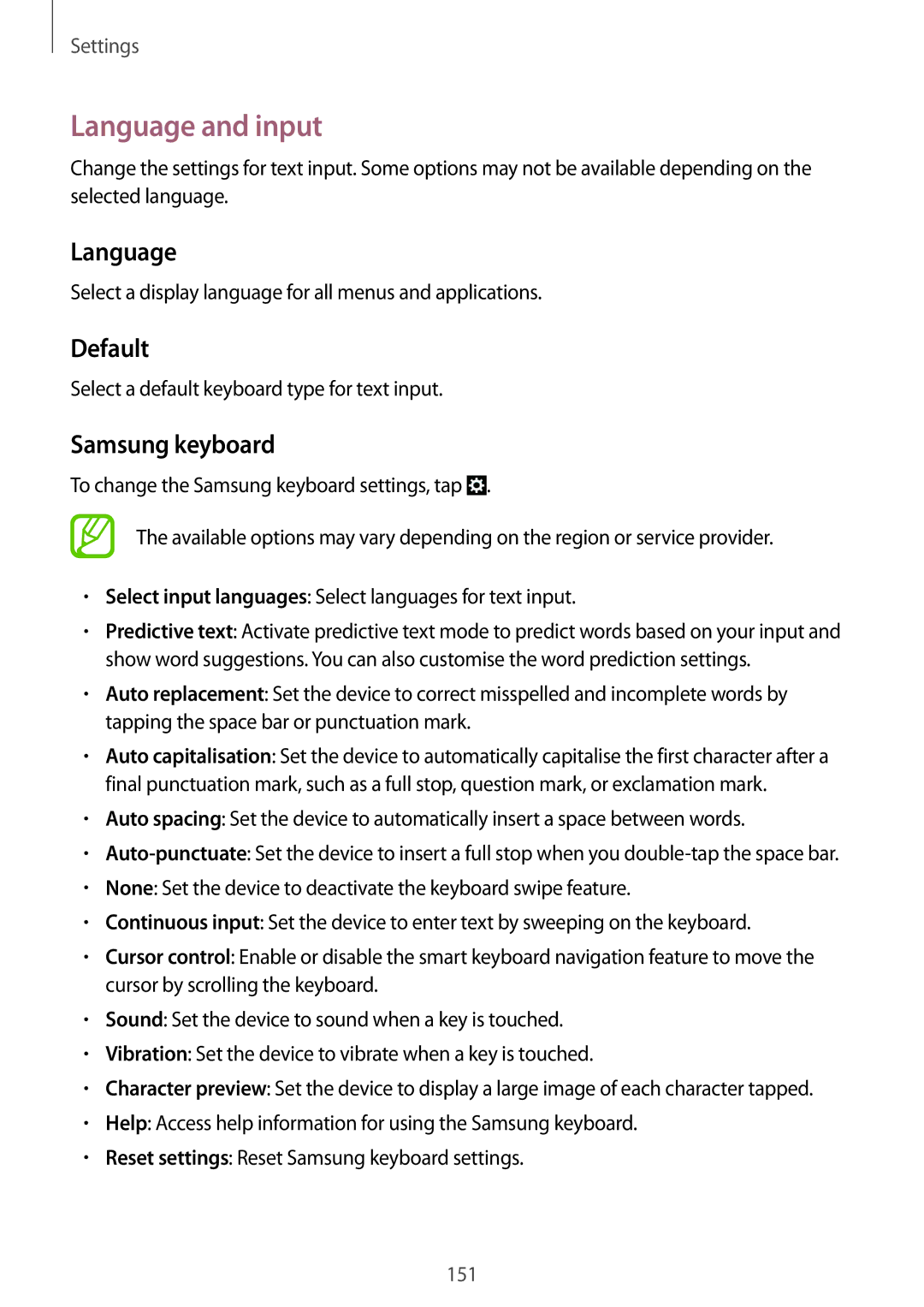 Samsung SM-C1010ZWAITV, SM-C1010ZWAEUR, SM-C1010ZWAXEO, SM-C1010ZKADBT manual Language and input, Default, Samsung keyboard 