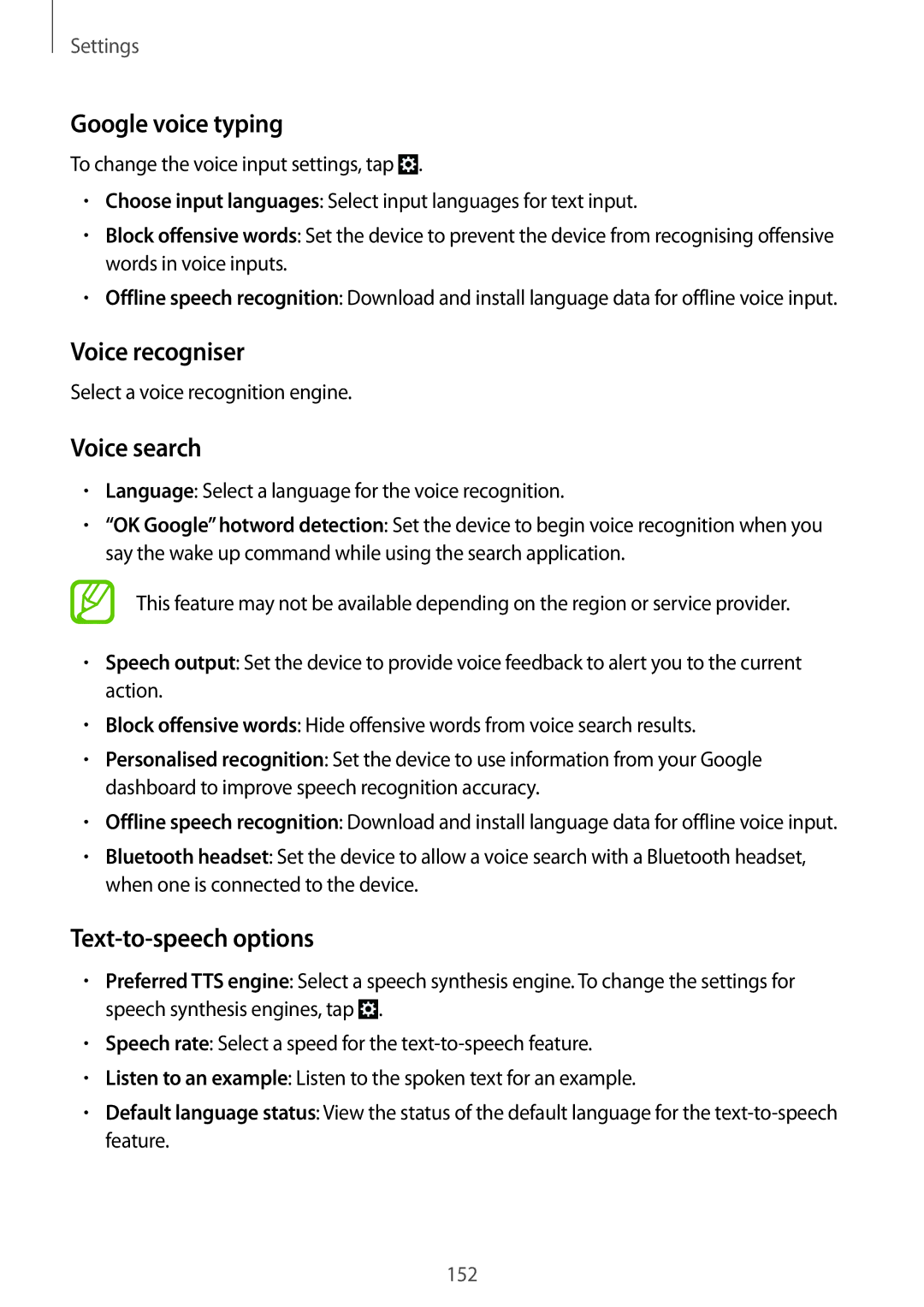 Samsung SM-C1010ZKAPHE, SM-C1010ZWAEUR manual Google voice typing, Voice recogniser, Voice search, Text-to-speech options 