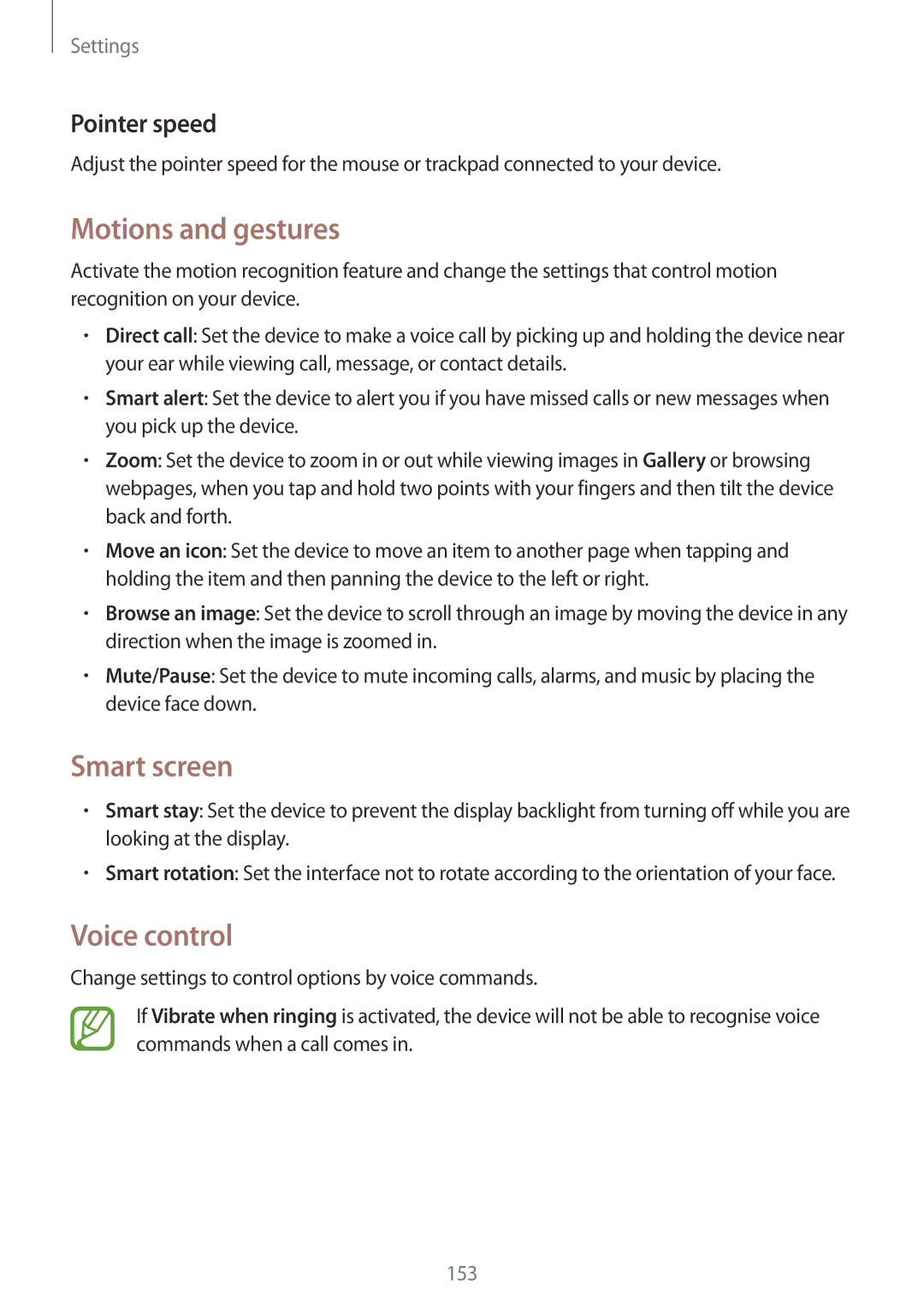 Samsung SM-C1010ZWAPHE, SM-C1010ZWAEUR, SM-C1010ZWAXEO Motions and gestures, Smart screen, Voice control, Pointer speed 