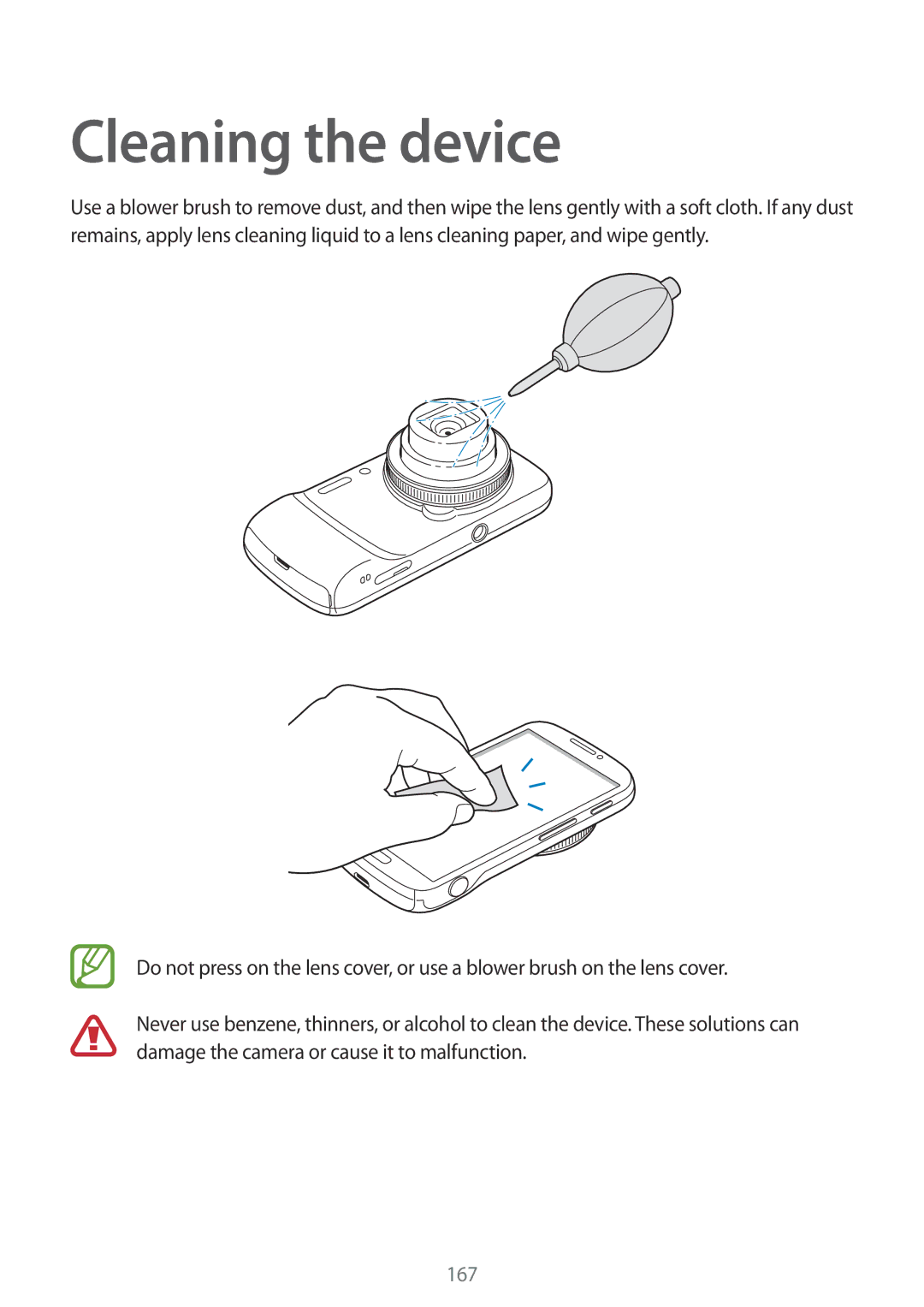 Samsung SM-C1010ZKAXEH, SM-C1010ZWAEUR, SM-C1010ZWAXEO, SM-C1010ZKADBT, SM-C1010ZWADBT manual Cleaning the device, 167 