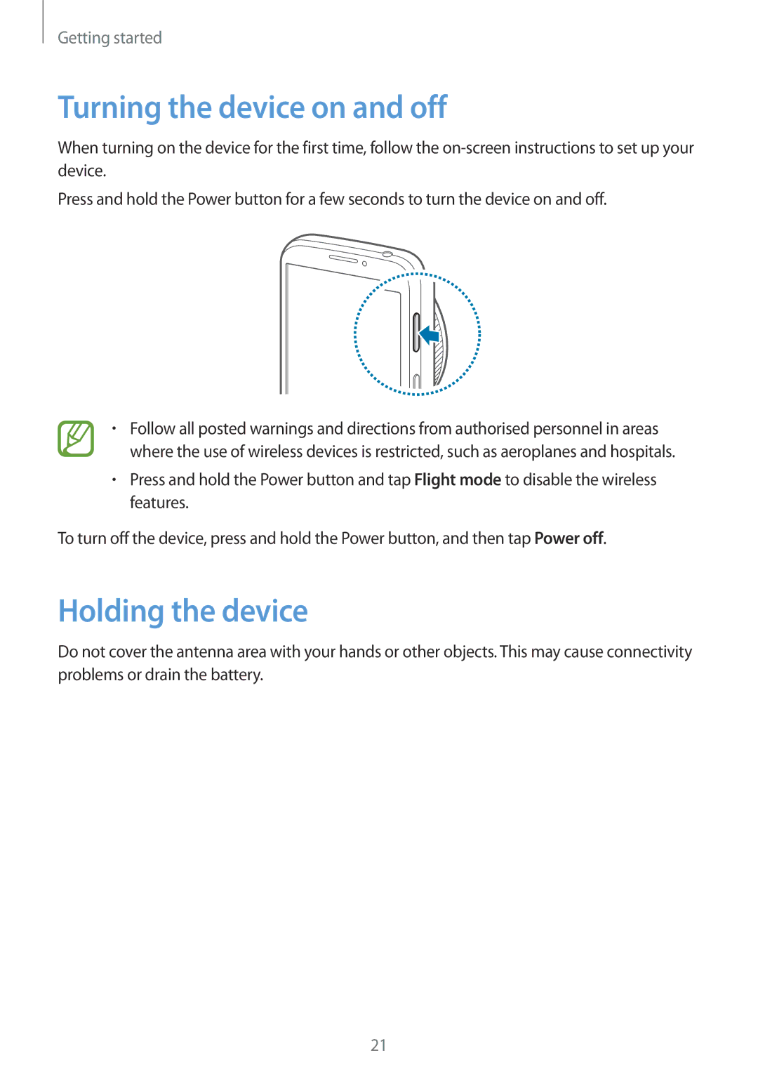 Samsung SM-C1010ZWAXEZ, SM-C1010ZWAEUR, SM-C1010ZWAXEO, SM-C1010ZKADBT Turning the device on and off, Holding the device 