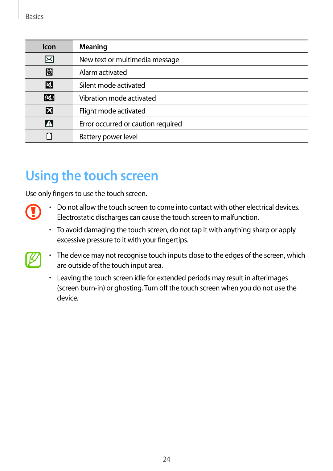 Samsung SM-C1010ZWASEB, SM-C1010ZWAEUR, SM-C1010ZWAXEO Using the touch screen, Use only fingers to use the touch screen 