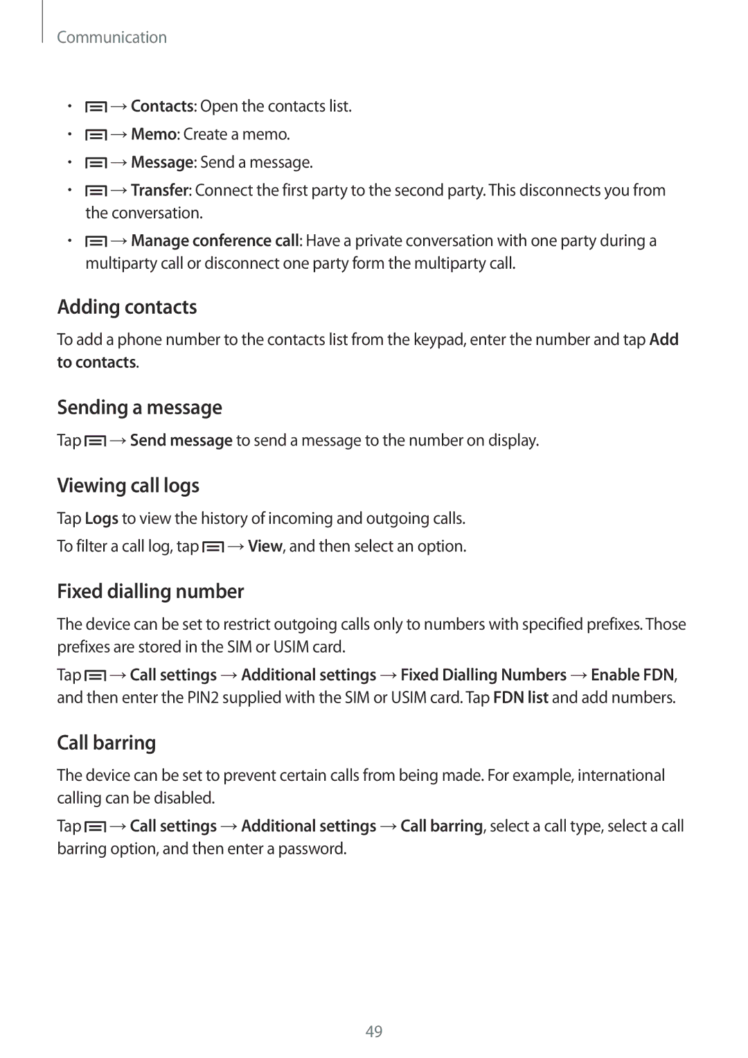 Samsung SM-C1010ZKABGL manual Adding contacts, Sending a message, Viewing call logs, Fixed dialling number, Call barring 