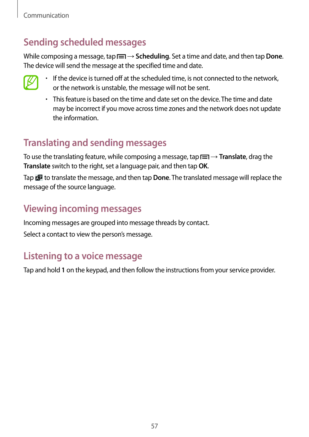 Samsung SM-C1010ZWANEE manual Sending scheduled messages, Translating and sending messages, Viewing incoming messages 