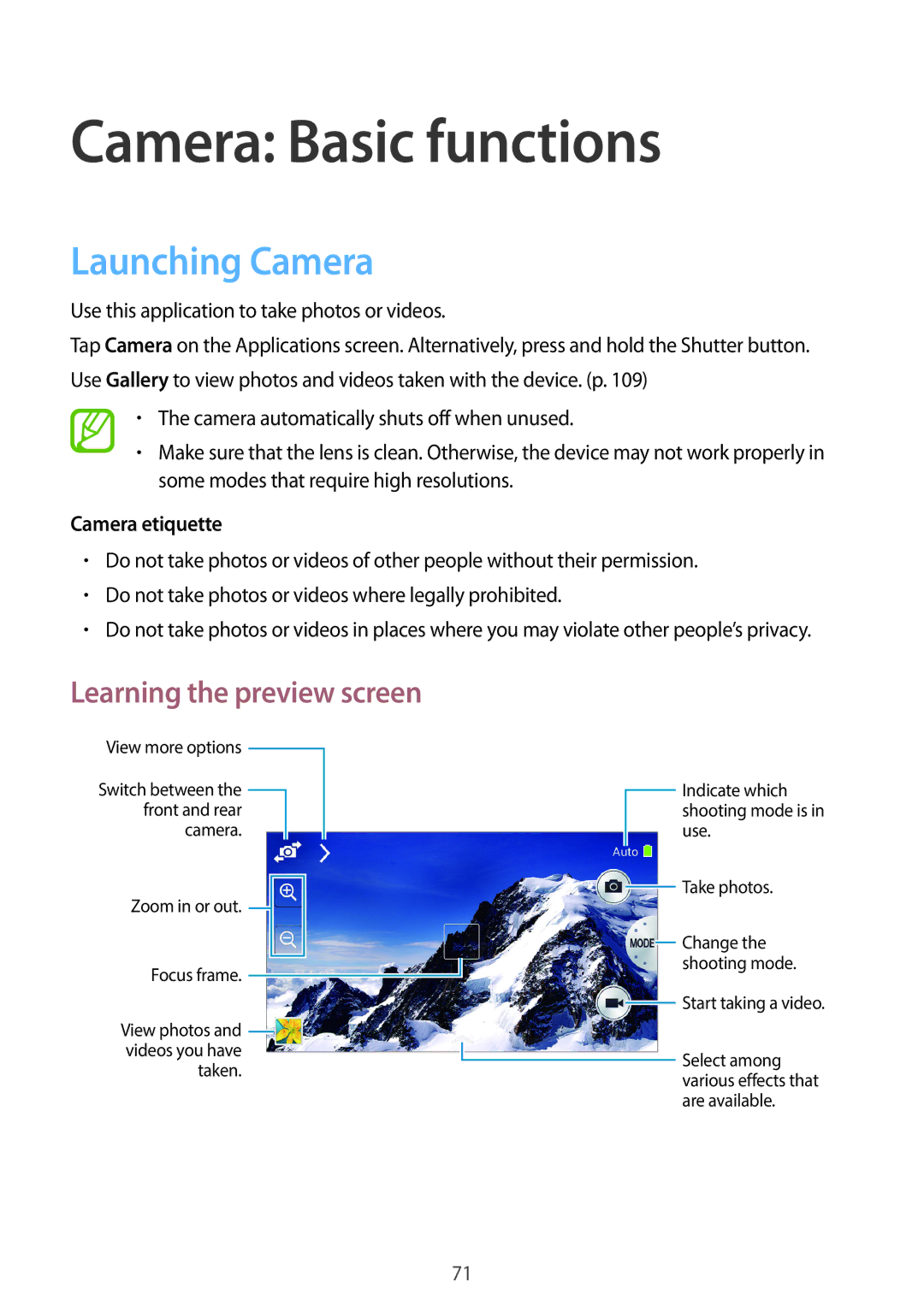 Samsung SM-C1010ZWAXEO manual Camera Basic functions, Launching Camera, Learning the preview screen, Camera etiquette 