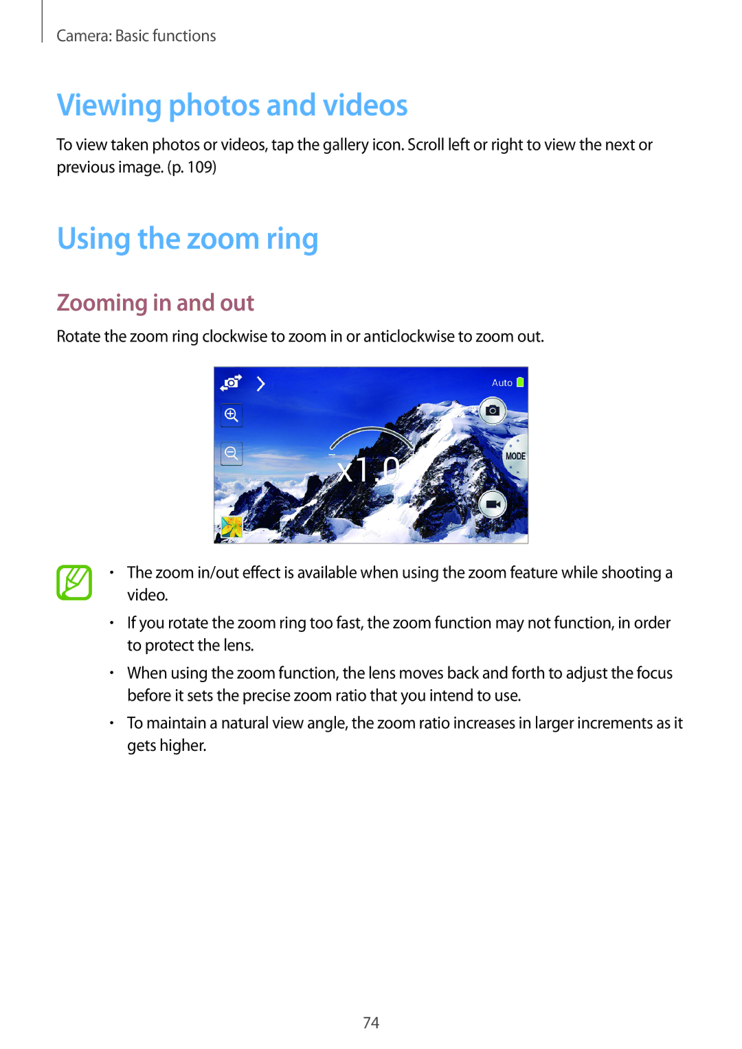 Samsung SM-C1010ZKAEUR, SM-C1010ZWAEUR, SM-C1010ZWAXEO Viewing photos and videos, Using the zoom ring, Zooming in and out 