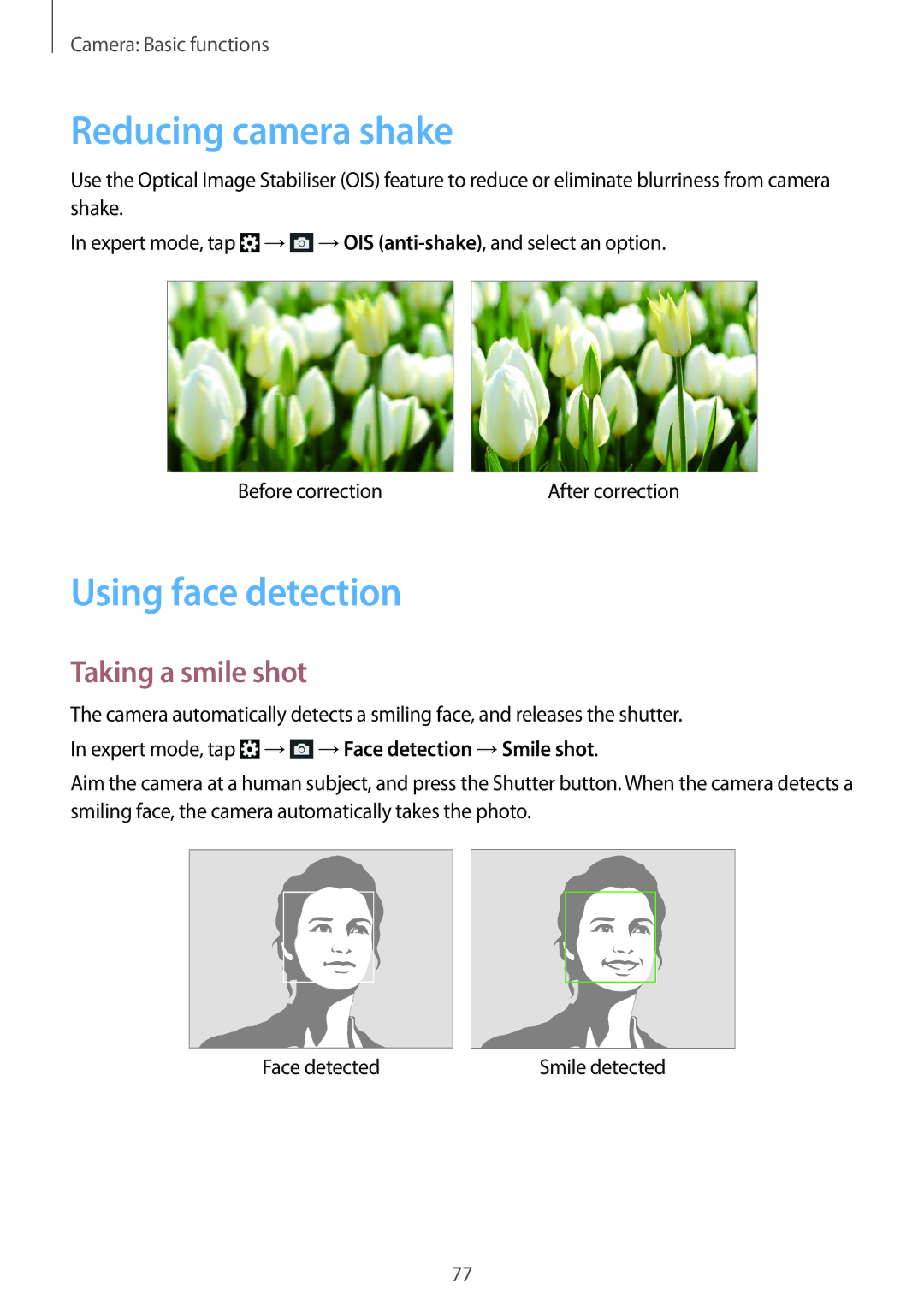 Samsung SM-C1010ZWATUR, SM-C1010ZWAEUR, SM-C1010ZWAXEO Reducing camera shake, Using face detection, Taking a smile shot 