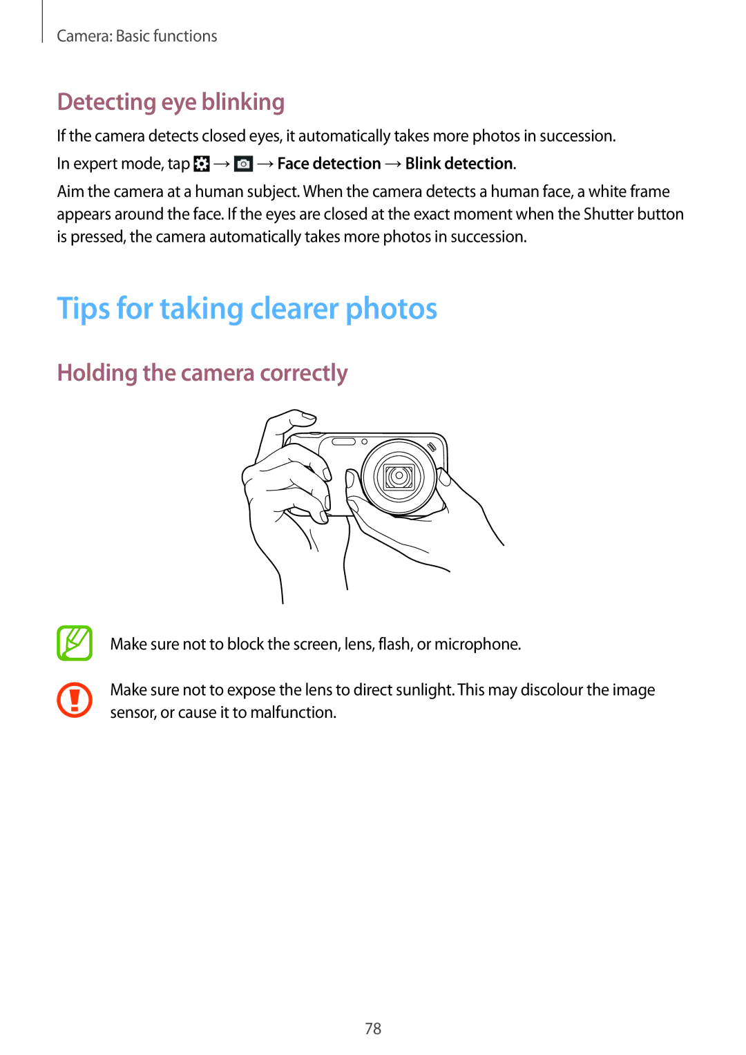 Samsung SM-C1010ZWAXEF manual Tips for taking clearer photos, Detecting eye blinking, Holding the camera correctly 