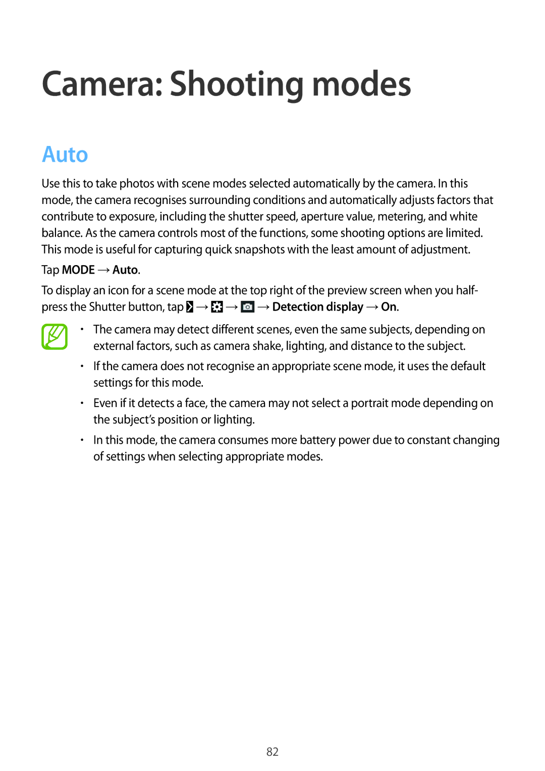 Samsung SM-C1010ZKAPHE, SM-C1010ZWAEUR, SM-C1010ZWAXEO, SM-C1010ZKADBT manual Camera Shooting modes, Tap Mode →Auto 