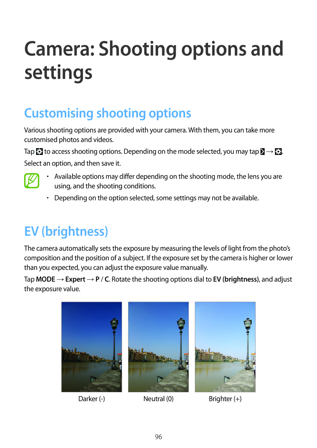 Samsung SM-C1010ZWAXEH, SM-C1010ZWAEUR Camera Shooting options and settings, Customising shooting options, EV brightness 