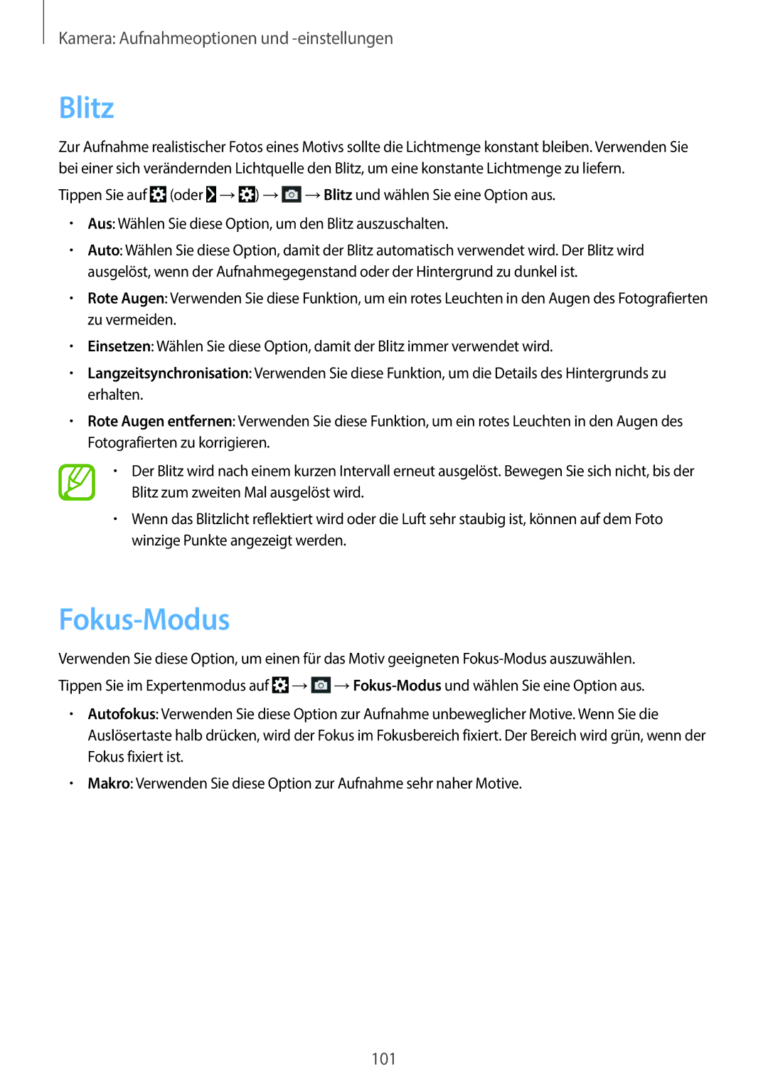 Samsung SM-C1010ZKADBT, SM-C1010ZWAEUR, SM-C1010ZWAXEO, SM-C1010ZWADBT, SM-C1010ZKAEUR, SM-C1010ZKATUR manual Blitz, Fokus-Modus 