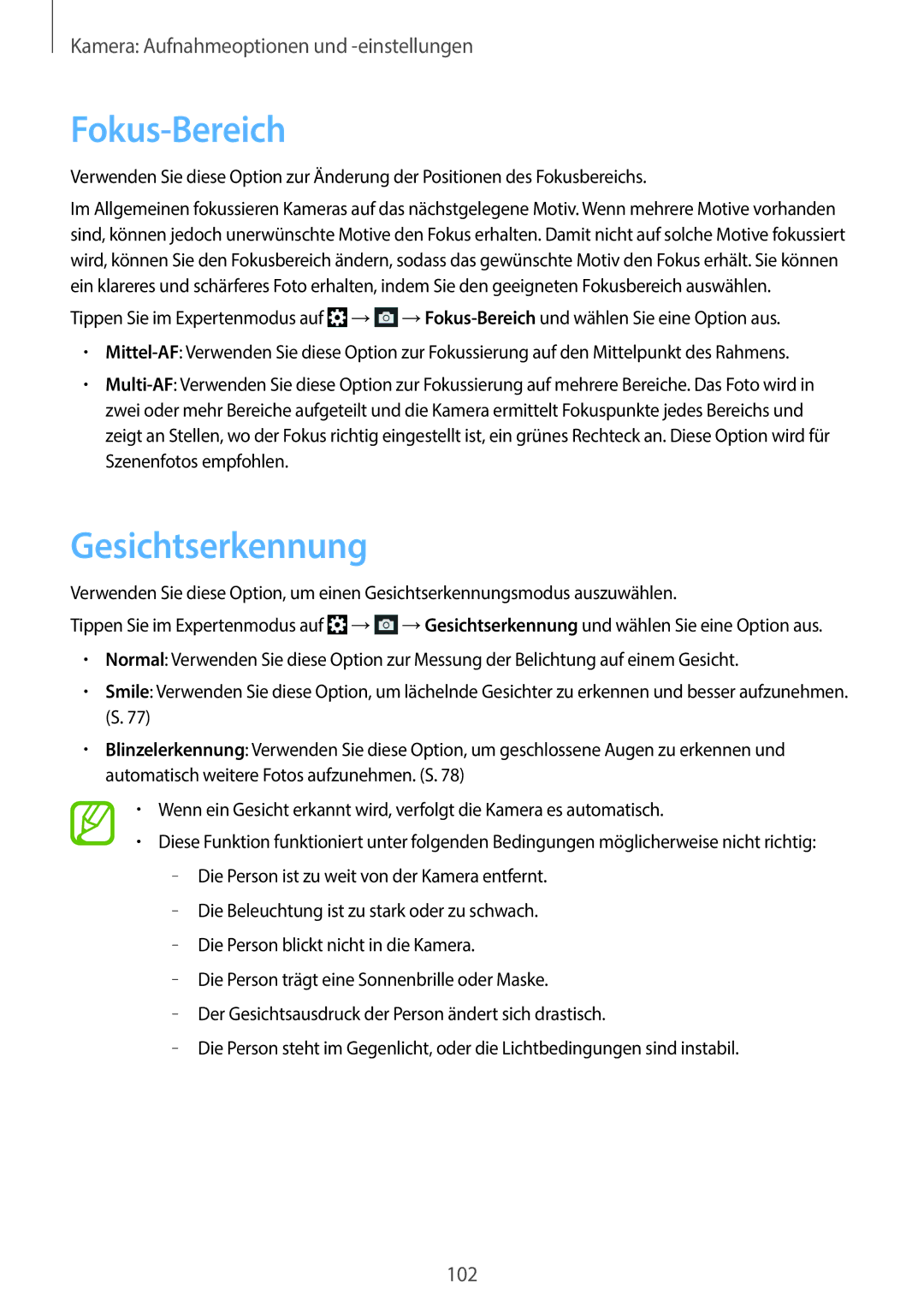 Samsung SM-C1010ZWADBT, SM-C1010ZWAEUR, SM-C1010ZWAXEO, SM-C1010ZKADBT, SM-C1010ZKAEUR manual Fokus-Bereich, Gesichtserkennung 