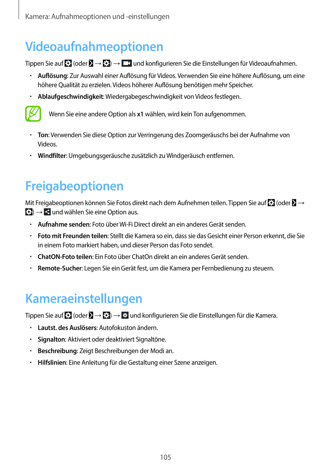 Samsung SM-C1010ZKATPH, SM-C1010ZWAEUR, SM-C1010ZWAXEO manual Videoaufnahmeoptionen, Freigabeoptionen, Kameraeinstellungen 