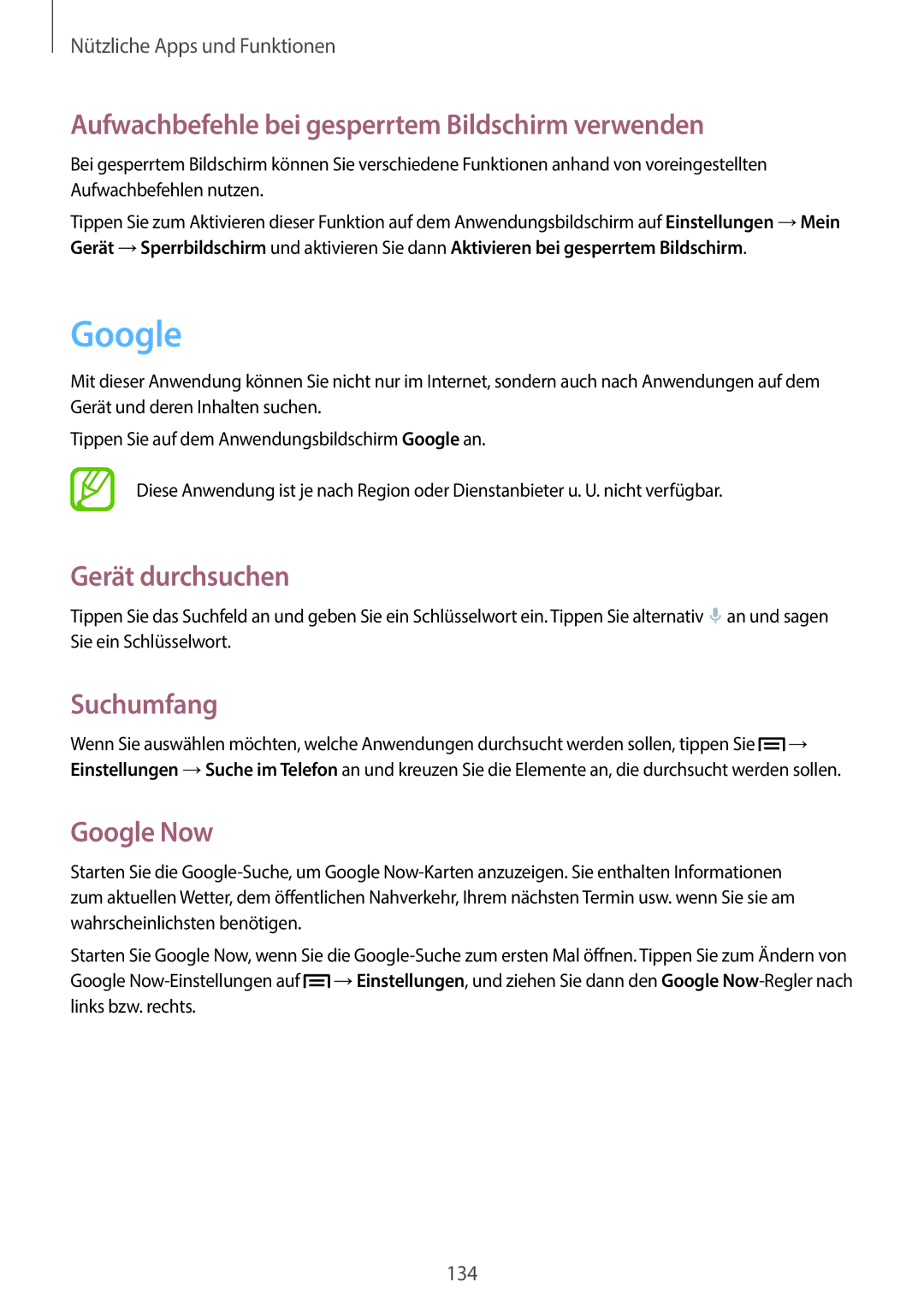 Samsung SM-C1010ZWAXEF manual Google, Aufwachbefehle bei gesperrtem Bildschirm verwenden, Gerät durchsuchen, Suchumfang 
