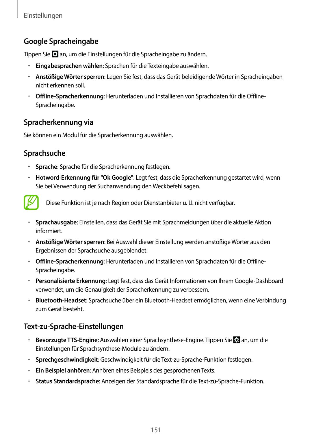 Samsung SM-C1010ZWATUR manual Google Spracheingabe, Spracherkennung via, Sprachsuche, Text-zu-Sprache-Einstellungen 