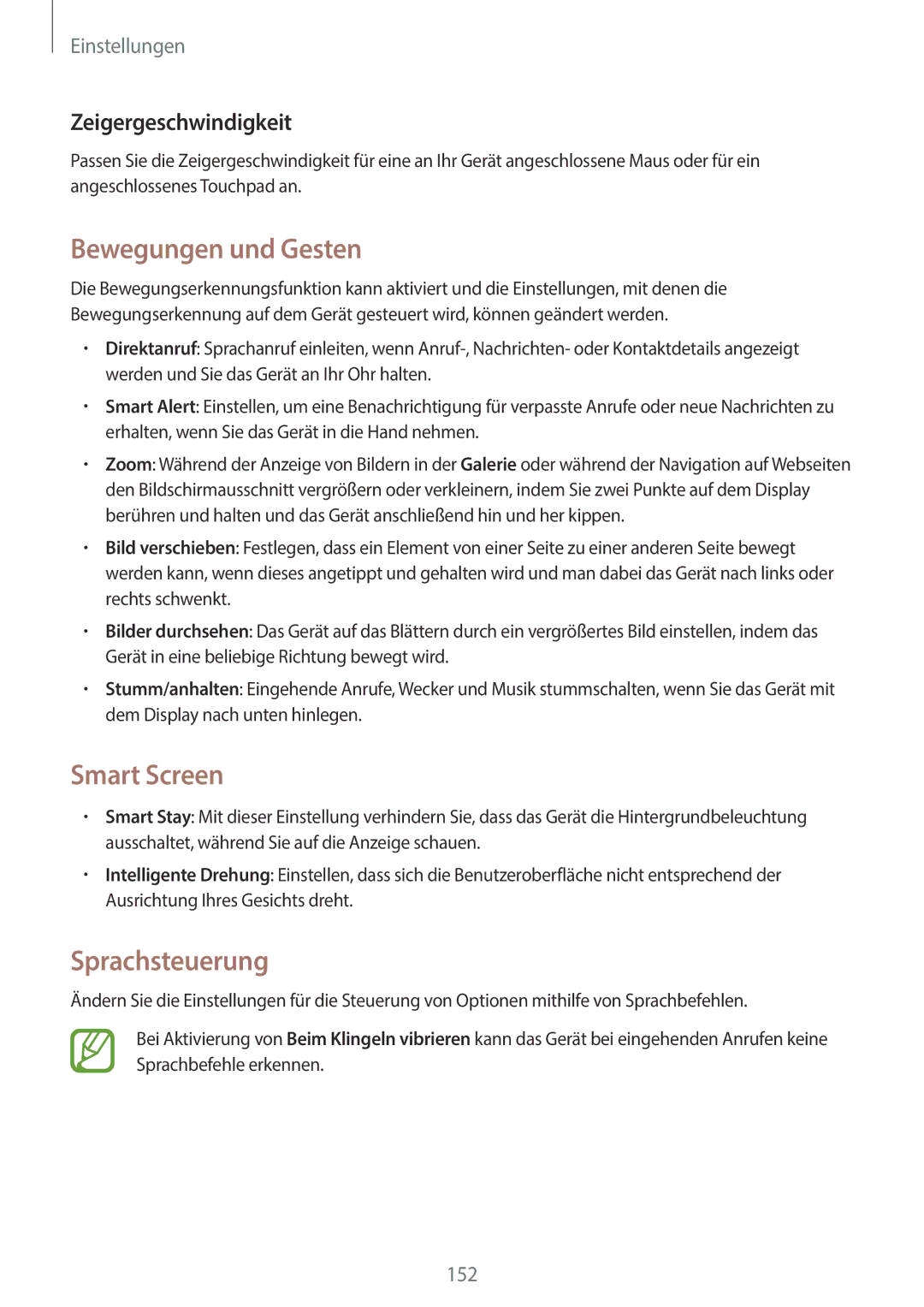 Samsung SM-C1010ZWAXEF, SM-C1010ZWAEUR manual Bewegungen und Gesten, Smart Screen, Sprachsteuerung, Zeigergeschwindigkeit 