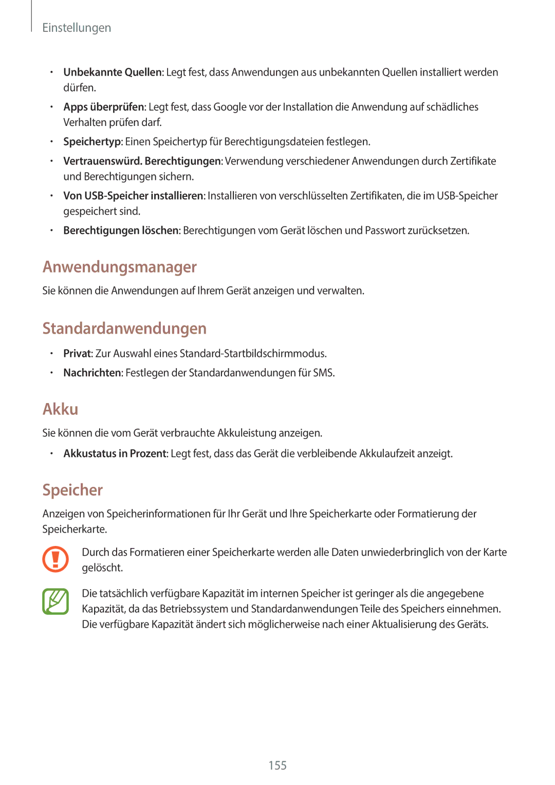 Samsung SM-C1010ZKADBT, SM-C1010ZWAEUR, SM-C1010ZWAXEO manual Anwendungsmanager, Standardanwendungen, Akku, Speicher 