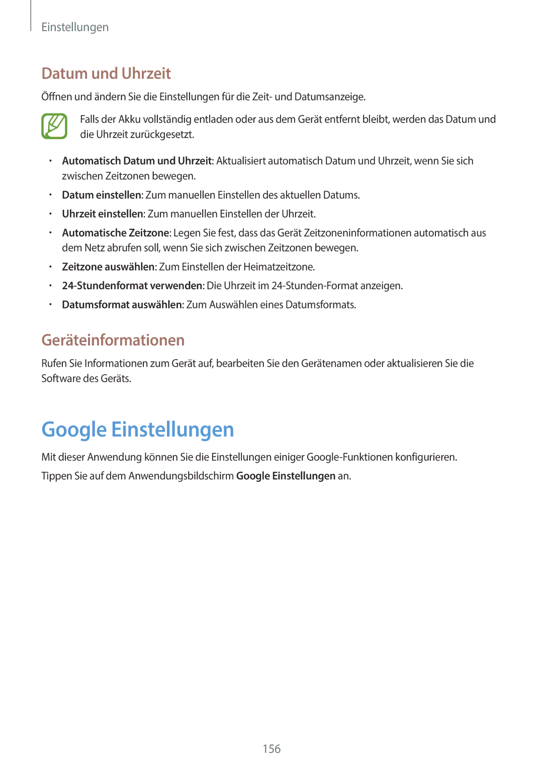 Samsung SM-C1010ZWADBT, SM-C1010ZWAEUR, SM-C1010ZWAXEO manual Google Einstellungen, Datum und Uhrzeit, Geräteinformationen 