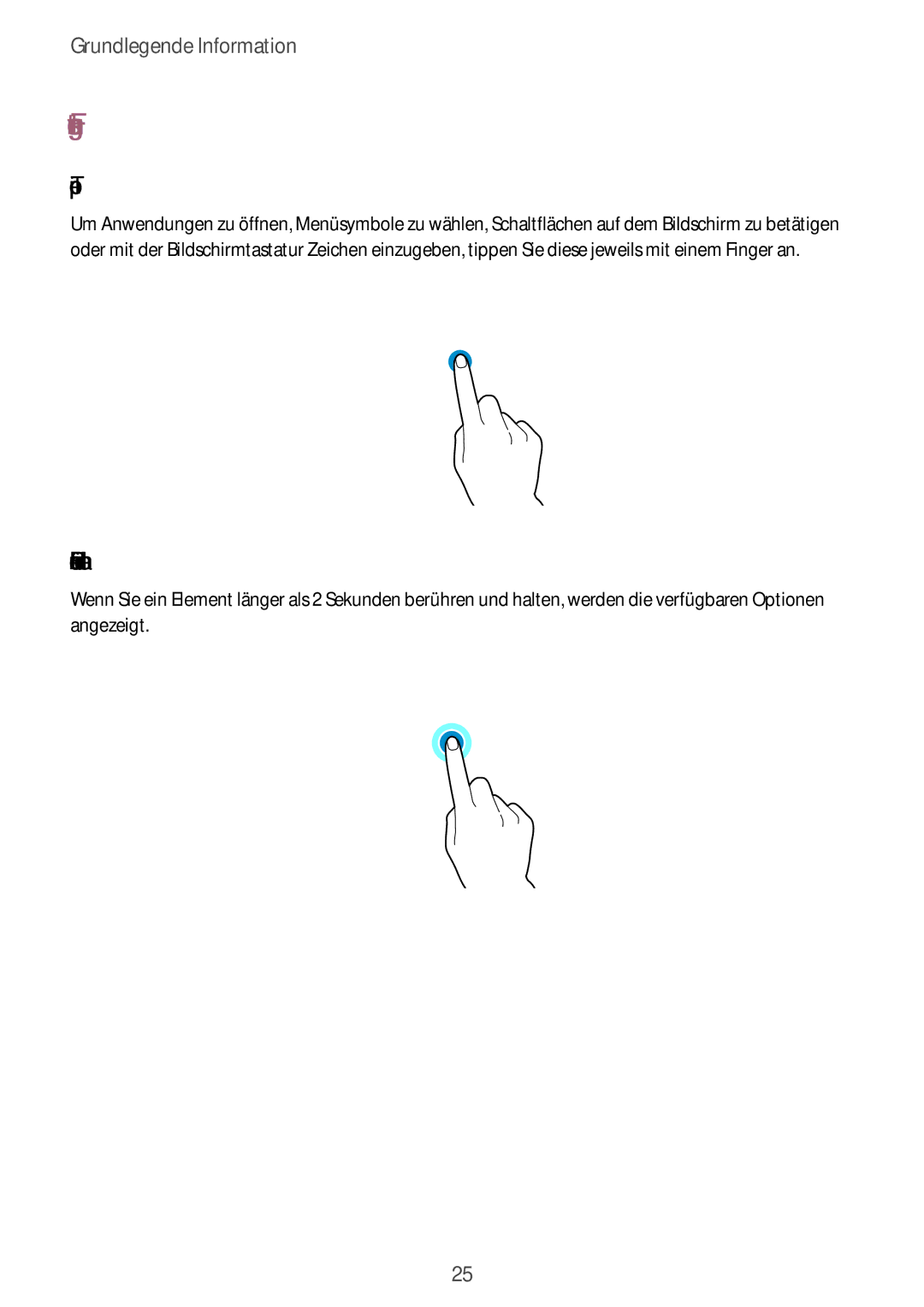 Samsung SM-C1010ZWATUR, SM-C1010ZWAEUR, SM-C1010ZWAXEO, SM-C1010ZKADBT manual Fingergesten, Tippen, Berühren und halten 