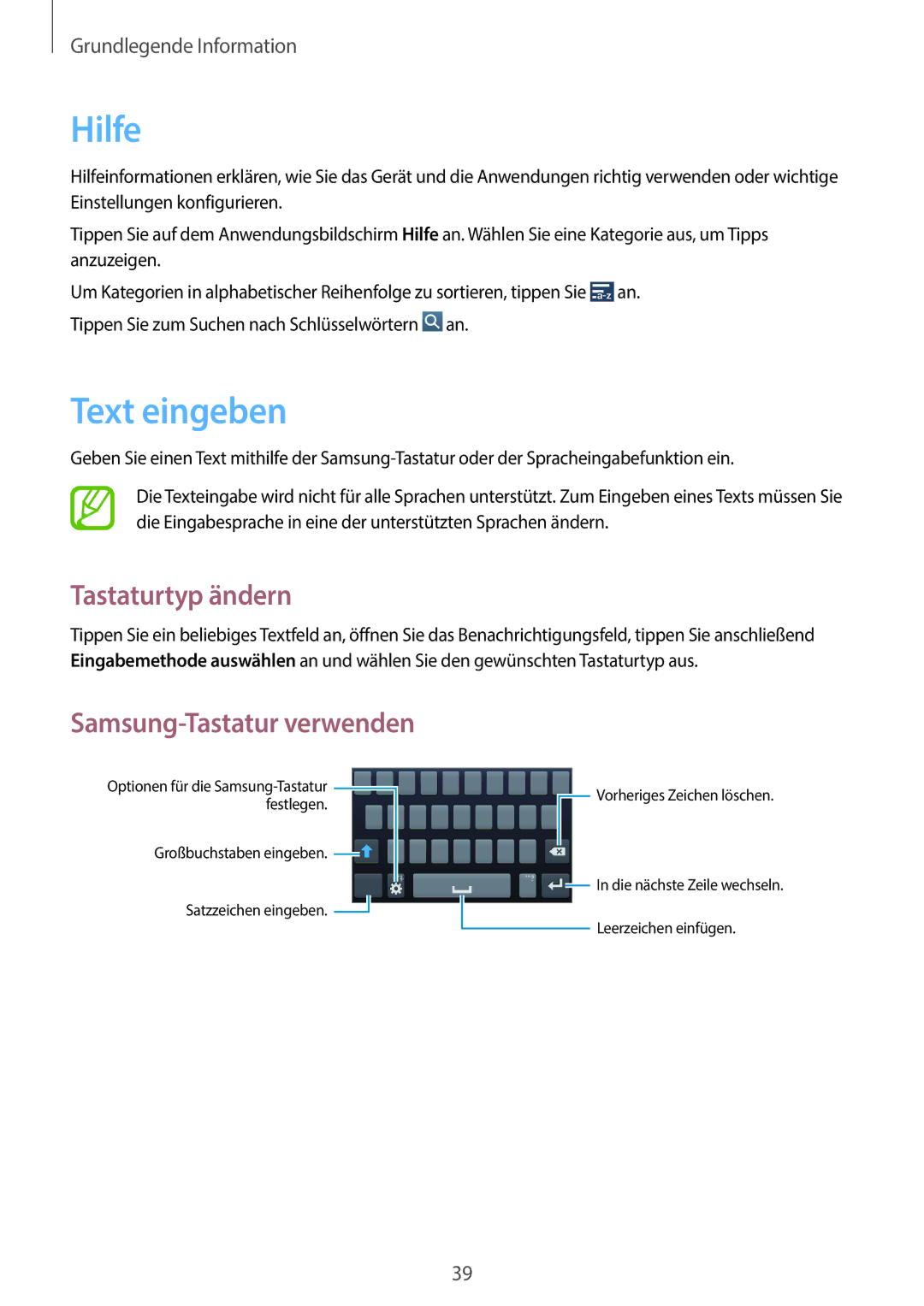 Samsung SM-C1010ZWADBT, SM-C1010ZWAEUR, SM-C1010ZWAXEO, SM-C1010ZKADBT manual Hilfe, Text eingeben, Tastaturtyp ändern 