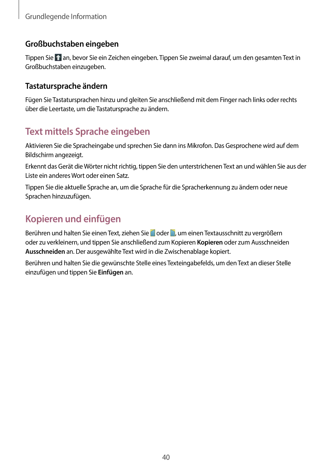 Samsung SM-C1010ZKAEUR, SM-C1010ZWAEUR manual Text mittels Sprache eingeben, Kopieren und einfügen, Großbuchstaben eingeben 