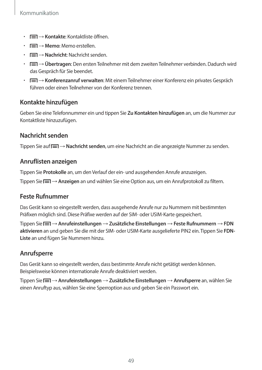 Samsung SM-C1010ZKAEUR manual Kontakte hinzufügen, Nachricht senden, Anruflisten anzeigen, Feste Rufnummer, Anrufsperre 