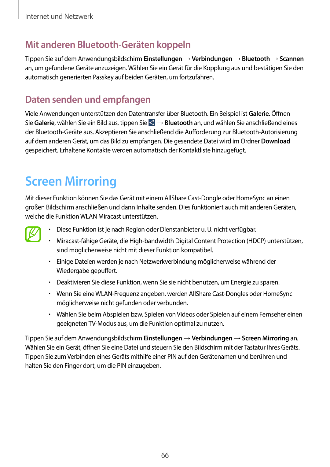 Samsung SM-C1010ZWADBT, SM-C1010ZWAEUR Screen Mirroring, Mit anderen Bluetooth-Geräten koppeln, Daten senden und empfangen 