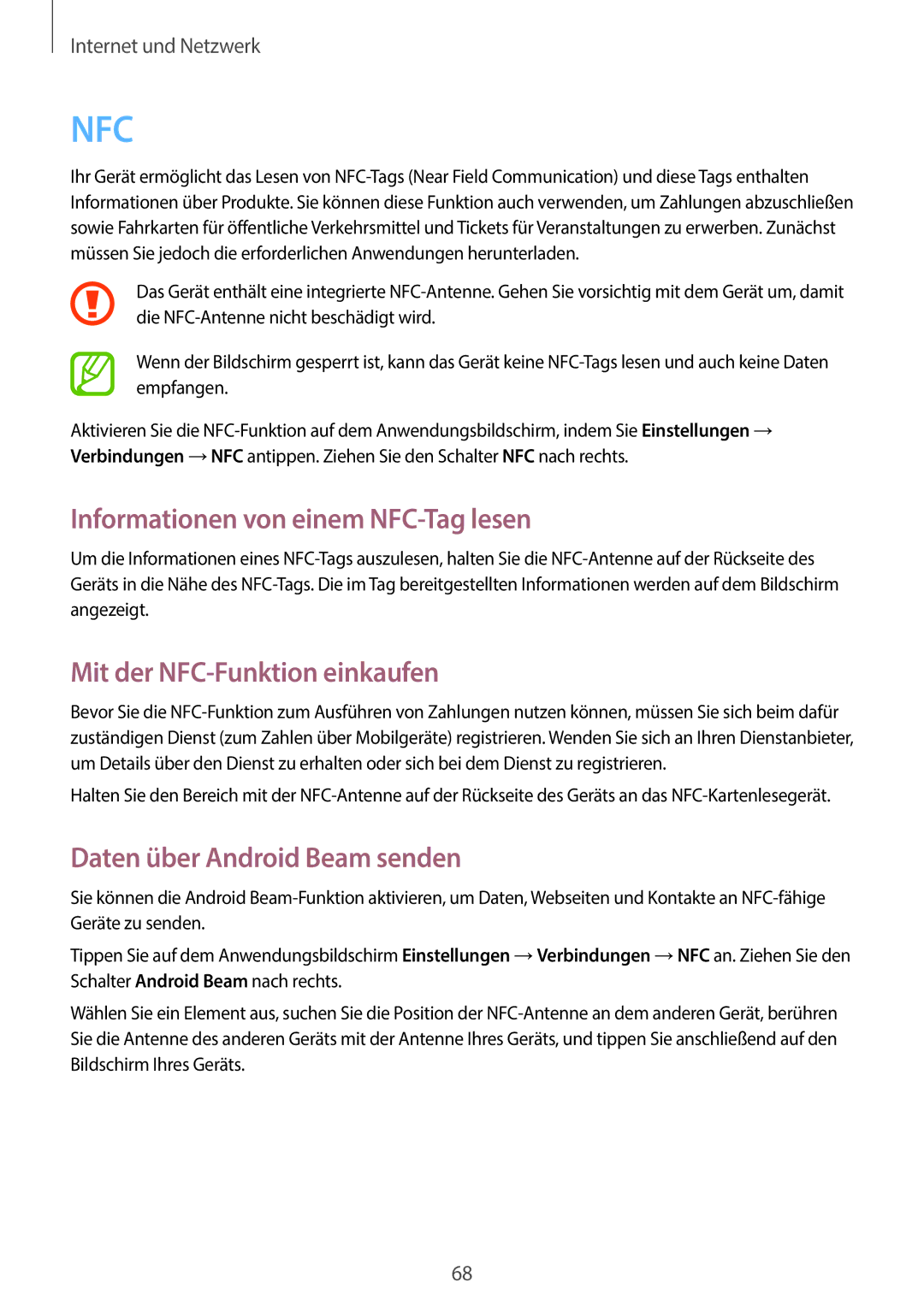 Samsung SM-C1010ZKATUR, SM-C1010ZWAEUR manual Informationen von einem NFC-Tag lesen, Mit der NFC-Funktion einkaufen 