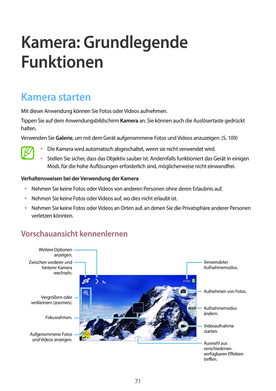 Samsung SM-C1010ZWAXEF, SM-C1010ZWAEUR manual Kamera Grundlegende Funktionen, Kamera starten, Vorschauansicht kennenlernen 