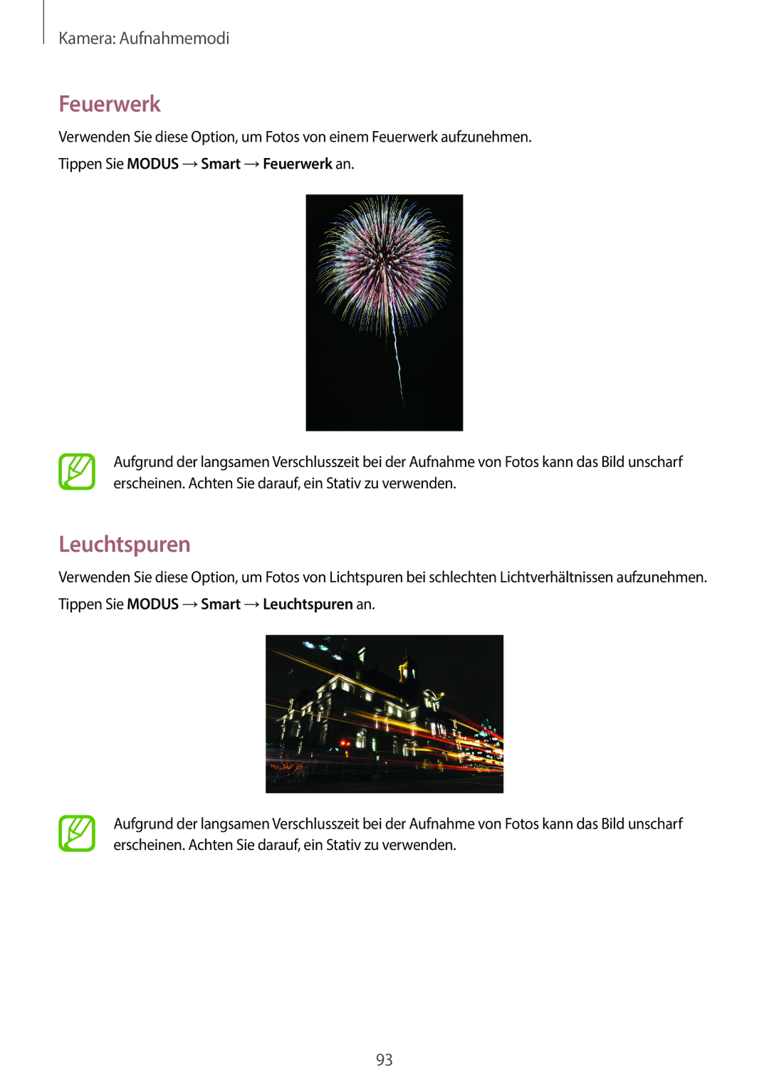 Samsung SM-C1010ZWADBT manual Tippen Sie Modus →Smart →Feuerwerk an, Tippen Sie Modus →Smart →Leuchtspuren an 