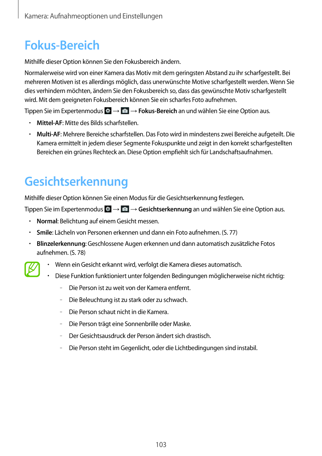 Samsung SM-C1010ZKAEUR, SM-C1010ZWAEUR, SM-C1010ZWAXEO, SM-C1010ZKADBT, SM-C1010ZWADBT manual Fokus-Bereich, Gesichtserkennung 