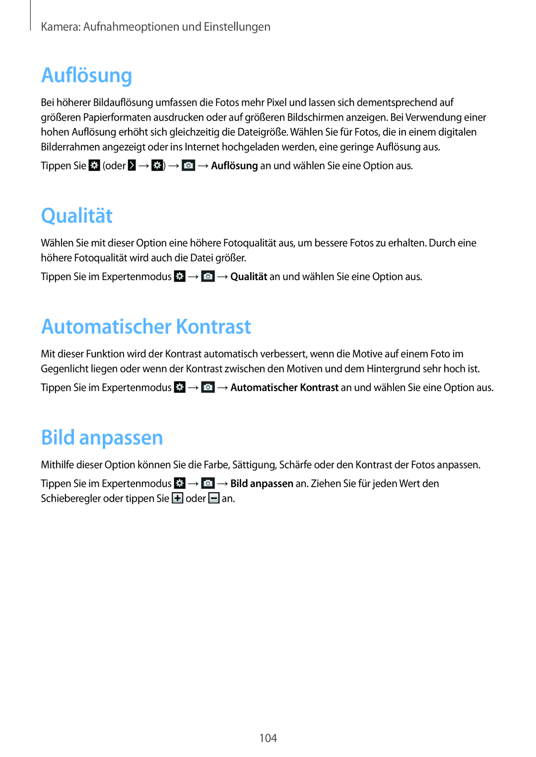 Samsung SM-C1010ZKATUR, SM-C1010ZWAEUR, SM-C1010ZWAXEO manual Auflösung, Qualität, Automatischer Kontrast, Bild anpassen 