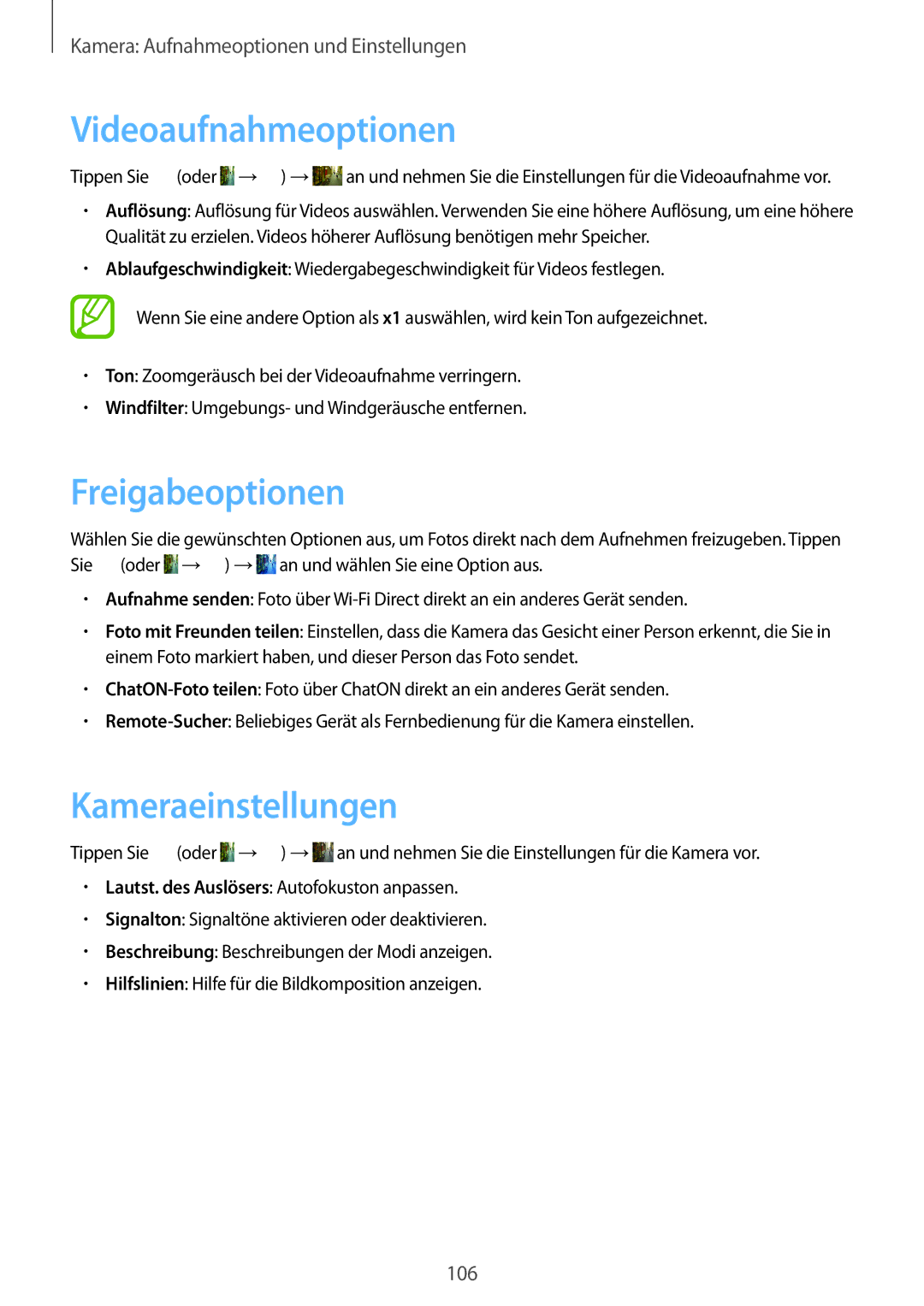 Samsung SM-C1010ZWATUR, SM-C1010ZWAEUR, SM-C1010ZWAXEO manual Videoaufnahmeoptionen, Freigabeoptionen, Kameraeinstellungen 