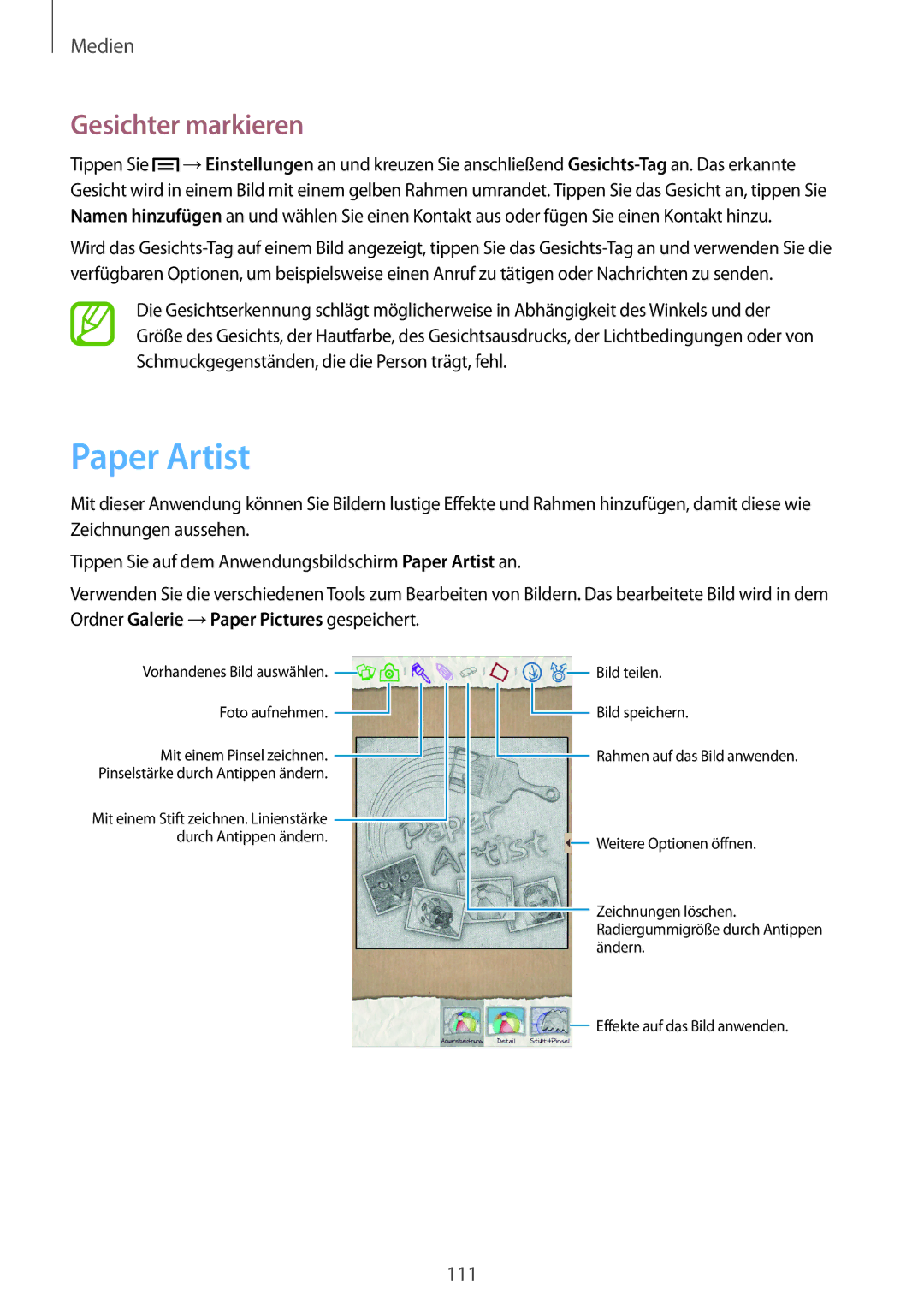 Samsung SM-C1010ZWADBT, SM-C1010ZWAEUR, SM-C1010ZWAXEO, SM-C1010ZKADBT, SM-C1010ZKAEUR manual Paper Artist, Gesichter markieren 