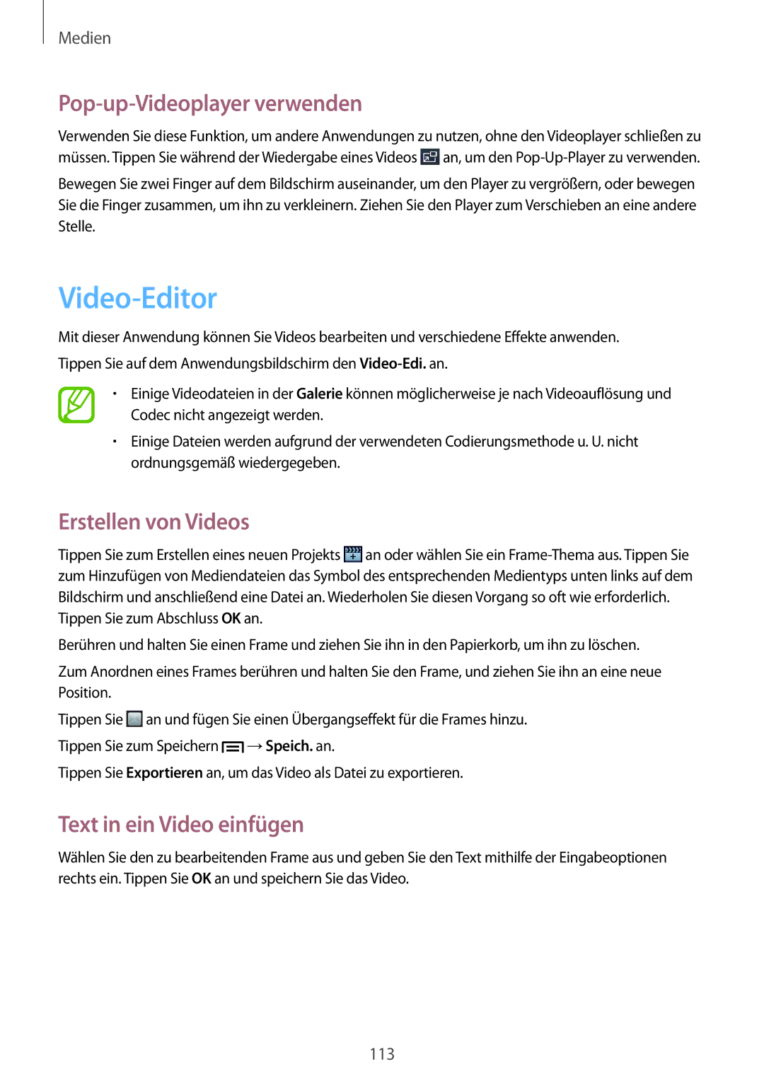 Samsung SM-C1010ZKATUR manual Video-Editor, Pop-up-Videoplayer verwenden, Erstellen von Videos, Text in ein Video einfügen 